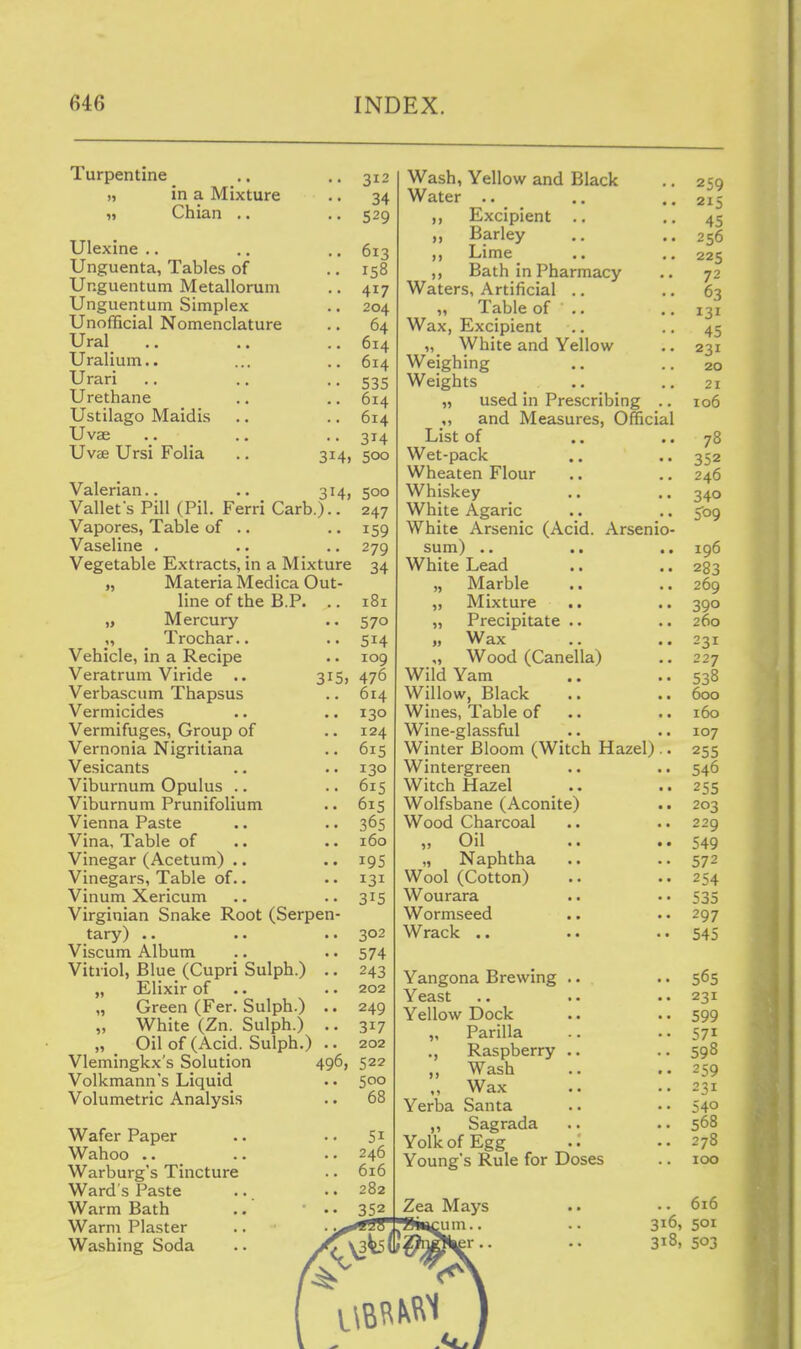 Turpentine >» in a Mixture Chian .. Ulexine .. Unguenta, Tables of Unguentum Metallorum Unguentum Simplex Unofficial Nomenclature Ural Uralium.. Urari Urethane Ustilago Maidis Uvae Uvae Ursi Folia 314) 314. 315, Vallets pin (Pil. Ferri Carb.) Vapores, Table of .. Vaseline . Vegetable Extracts, in a Mixture „ Materia Medica Out- line of the B.P. .. „ Mercury „ Trochar.. Vehicle, in a Recipe Veratrum Viride .. Verbascum Thapsus Vermicides Vermifuges, Group of Vernonia Nigritiana Vesicants Viburnum Opulus .. Viburnum Prunifolium Vienna Paste Vina, Table of Vinegar (Acetum) .. Vinegars, Table of.. Vinum Xericum Virginian Snake Root (Serpen- tary) .. Viscum Album Vitriol, Blue (Cupri Sulph.) .. „ Elixir of .. „ Green (Fer. Sulph.) .. „ White (Zn. Sulph.) .. „ _ Oil of (Acid. Sulph.) Vlemingkx's Solution Volkmann's Liquid Volumetric Analysis Wafer Paper Wahoo .. Warburg's Tincture Ward's Paste Warm Bath Warm Plaster Washing Soda 496, 312 34 529 613 158 417 204 64 614 614 535 614 614 314 500 500 247 159 279 34 181 570 514 109 476 614 130 124 615 130 615 615 365 160 195 131 315 302 574 243 202 249 317 202 522 SCO 68 Zea Mays um.. >5 Wash, Yellow and Black Water .. Excipient Barley ,, Lime Bath in Pharmacy Waters, Artificial .. „ Table of .. Wax, Excipient White and Yellow Weighing Weights „ used in Prescribing .. ,, and Measures, Official List of Wet-pack Wheaten Flour Whiskey White Agaric White Arsenic (Acid. Arsenio- sum) .. White Lead „ Marble Mixture .. Precipitate Wax „ Wood (Canella) Wild Yam Willow, Black Wines, Table of •. Wine-glassful Winter Bloom (Witch Hazel) .. Wintergreen Witch Hazel Wolfsbane (Aconite) Wood Charcoal „ Oil .. „ Naphtha Wool (Cotton) Wourara Wormseed Wrack .. Yangona Brewing .. Yeast Yellow Dock „ Parilla ., Raspberry ,. ,, Wash ,, Wax Yerba Santa ,, Sagrada Yolk of Egg .: Young's Rule for Doses 259 215 45 256 225 72 63 131 45 231 20 21 106 78 352 246 340 5°9 196 283 269 390 260 231 227 538 600 160 107 255 546 255 203 229 549 572 254 535 297 545 565 231 599 571 598 259 231 540 568 278 100 616 316, 501 318, 503