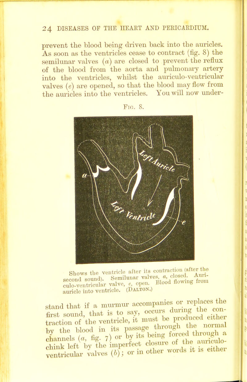 prevent the blood being driven back into the auricles. As soon as the ventricles cease to contract (fig. 8) the semilunar valves (a) are closed to prevent the reflux of the blood from the aorta and pulmonary artery into the ventricles, whilst the auriculo-ventricular valves (e) are opened, so that the blood may flow from the auricles into the ventricles. You will now under- Fig. 8. Shows the ventricle after its contactsl (after tte auricle into ventricle. (Daiton.) stand that if a murmur accompanies or replaces the first sound, that is to say, occurs durmg the con- tetion of 'the ventricle, it must be produced erthe^ by the blood in its passage through the normal channels (a, tig. 7) °* by its ^f«0gJ^^ chink left by the imperfect closure o the auriculo ventricular valves (6) J or m other word, it is enhei