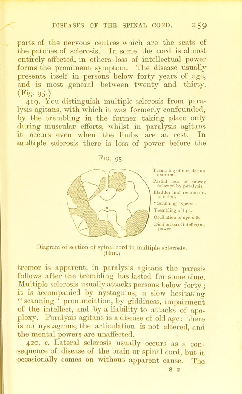 parts of the nervous centres which are the seats of the patches of sclerosis. In some the cord is almost entirely affected, in others loss of intellectual power forms the prominent symptom. The disease usually presents itself in persons below forty years of age, and is most general between twenty and thirty. (Kg-95-) 419. You distinguish multiple sclerosis from para- lysis agitans, with which it was formerly confounded, by the trembling in the former taking place only during muscular efforts, whilst in paralysis agitans it occurs even when the limbs are at rest. In multiple sclerosis there is loss of power before the Fig. 95. Trembling of muscles on exertion. Partial loss of power followed by paralysis. Bladder and rectum un- affected. Scanning speech. Trembling of lips. Oscillation of eyeballs. Diminution of intellectua power. Diagram of section of spinal cord in multiple sclerosis. (Ebb.) tremor is apparent, in paralysis agitans the paresis follows after the trembling has lasted for some time. Multiple sclerosis usually attacks persons below forty • it is accompanied by nystagmus, a slow hesitating  scanning  pronunciation, by giddiness, impairment of the intellect, and by a liability to attacks of apo- plexy. Paralysis agitans is adisen.se of old age: there is no nystagmus, the articulation is not altered, and the mental powers are unaffected. 420. c. Lateral sclerosis usually occurs as a con- sequence of disease of the brain or spinal cord, but it ■occasionally comes on without apparent cause. The s 2