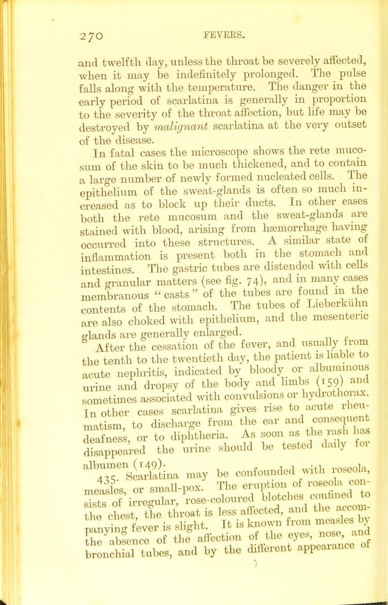 and twelfth day, unless the throat be severely affected, when it may be indefinitely prolonged. The pulse falls along with the temperature. The danger in the early period of scarlatina is generally in proportion to the severity of the throat affection, but hfe may be destroyed by malignant scarlatina at the very outset of the disease. In fatal cases the microscope shows the rete muco- sum of the skin to be much thickened, and to contain a large number of newly formed nucleated cells. The epithelium of the sweat-glands is often so much in- creased as to block up their ducts. In other cases both the rete mucosum and the sweat-glands are stained with blood, arising from hemorrhage having occurred into these structures. A similar state of inflammation is present both in the stomach and intestines. The gastric tubes are distended with cells and granular matters (see fig. 74), and in many cases membranous « casts  of the tubes are found m the contents of the stomach. The tubes of Lieberkuhn are also choked with epithelium, and the mesenteric elands are generally enlarged. After the cessation of the fever, and usually from the tenth to the twentieth day, the patient is liable to acute nephritis, indicated by bloody or albuminous urine and dropsy of the body and limbs 159) and sometimes associated with convulsions or hydrothorax. In other cases scarlatina gives rise to acute rheu- matism, to discharge from the ear and deafness, or to diphtheria. As soon as the rash has disappeared the urine should be tested daily for alb4^enS^l9aLa may be confounded with roseola, „n Thp prmition of roseola con- Tfined to he chest tie throat is less affected, and the aeco^- panySffever\ slight. It is known from measles by KTbsence of the affection of the bronchial tubes, and by the different appearance