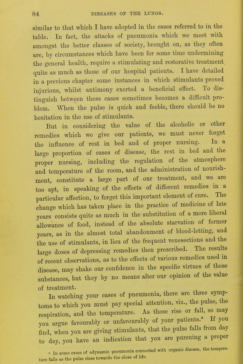 similar to that which I have adopted in the cases referred to in the table. In fact, the attacks of pneumonia which we meet with amongst the better classes of society, brought on, as they often are, by circumstances which have been for some time undermining the general health, require a stimulating and restorative treatment, quite as much as those of our hospital patients. I have detailed in a previous chapter some instances in which stimulants proved injurious, whilst antimony exerted a beneficial effect. To dis- tinguish between these cases sometimes becomes a difficult pro- blem. When the pulse is quick and feeble, there should be no hesitation in the use of stimulants. But in considering the value of the alcoholic or other remedies which we give our patients, we must never forget the influence of rest in bed and of proper nursing. In a large proportion of cases of disease, the rest in bed and the proper nursing, including the regulation of the atmosphere and temperature of the room, and the administration of nourish- ment, constitute a large part of our treatment, and we are too apt, in speaking of the effects of different remedies in a particular affection, to forget this important element of cure. The change which has taken place in the practice of medicine of late years consists quite as much in the substitution of a more liberal allowance of food, instead of the absolute starvation of former years, as in the almost total abandonment of blood-letting, and the use of stimulants, in lieu of the frequent venesections and the large doses of depressing remedies then prescribed. The results of recent observations, as to the effects of various remedies used in disease, may shake our confidence in the specific virtues of these substances, but they by no means alter our opinion of the value of treatment. In watching your cases of pneumonia, there are three symp- toms to which you must pay special attention, viz., the pulse, the respiration, and the temperature. As these rise or fall, so may you argue favourably or unfavourably of your patients.* If you find, when you are giving stimulants, that the pulse falls from day to day, you have an indication that you are pursuing a proper * In some cases of adynamic pneumonia connected with organic disease, the tempera- ture falls as the pulse rises towards the close of life.