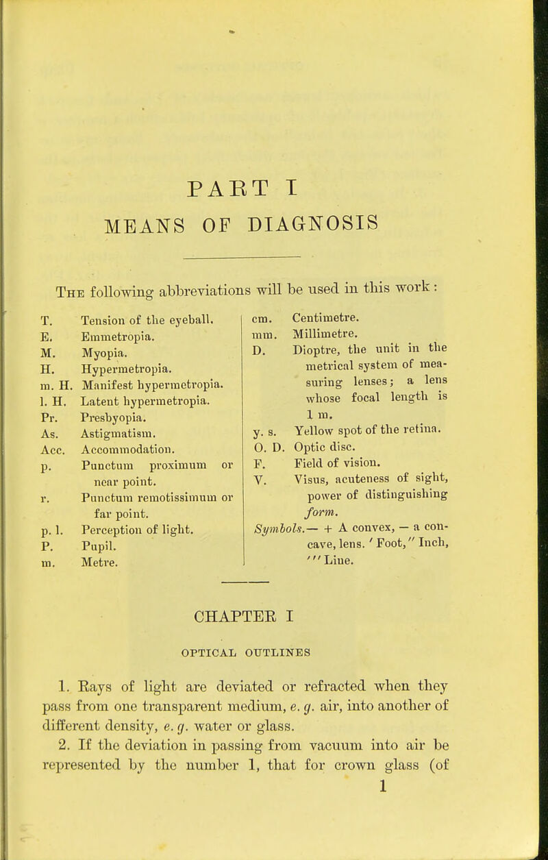 PART T MEANS OF DIAGNOSIS The following abbreviations will be used in tliis wor T. Tension of the eyeball. E, Erametropia. M. Myopia. H. Hypermetropia. m. H. Manifest hypermetropia. 1. H. Latent hypermetropia. Pr. Presbyopia. As. Astigmatism. Acc. Accommodation. P- Punctum proximum or near point. r. Punctum remotissimum or far point. p.l. Perception of light. P. Pupil. m. Metre. cm. Centimetre. mm. Millimetre. D. Dioptre, the unit in the metrical system of mea- suring lenses; a lens whose focal length is I m. y. s. Yellow spot of the retina. 0. D. Optic disc. F. Field of vision. V. Visus, acuteness of sight, power of distinguishing form. Symlols.— -It a convex, — a con- cave, lens.' Foot, Inch, 'Line. CHAPTER I OPTICAL OUTLINES 1. Eays of light arc deviated or refracted when they pass from one transparent medium, e. g. air, into another of different density, e.g. water or glass. 2. If the deviation in passing from vacuum into air be represented by the number 1, that for crown glass (of