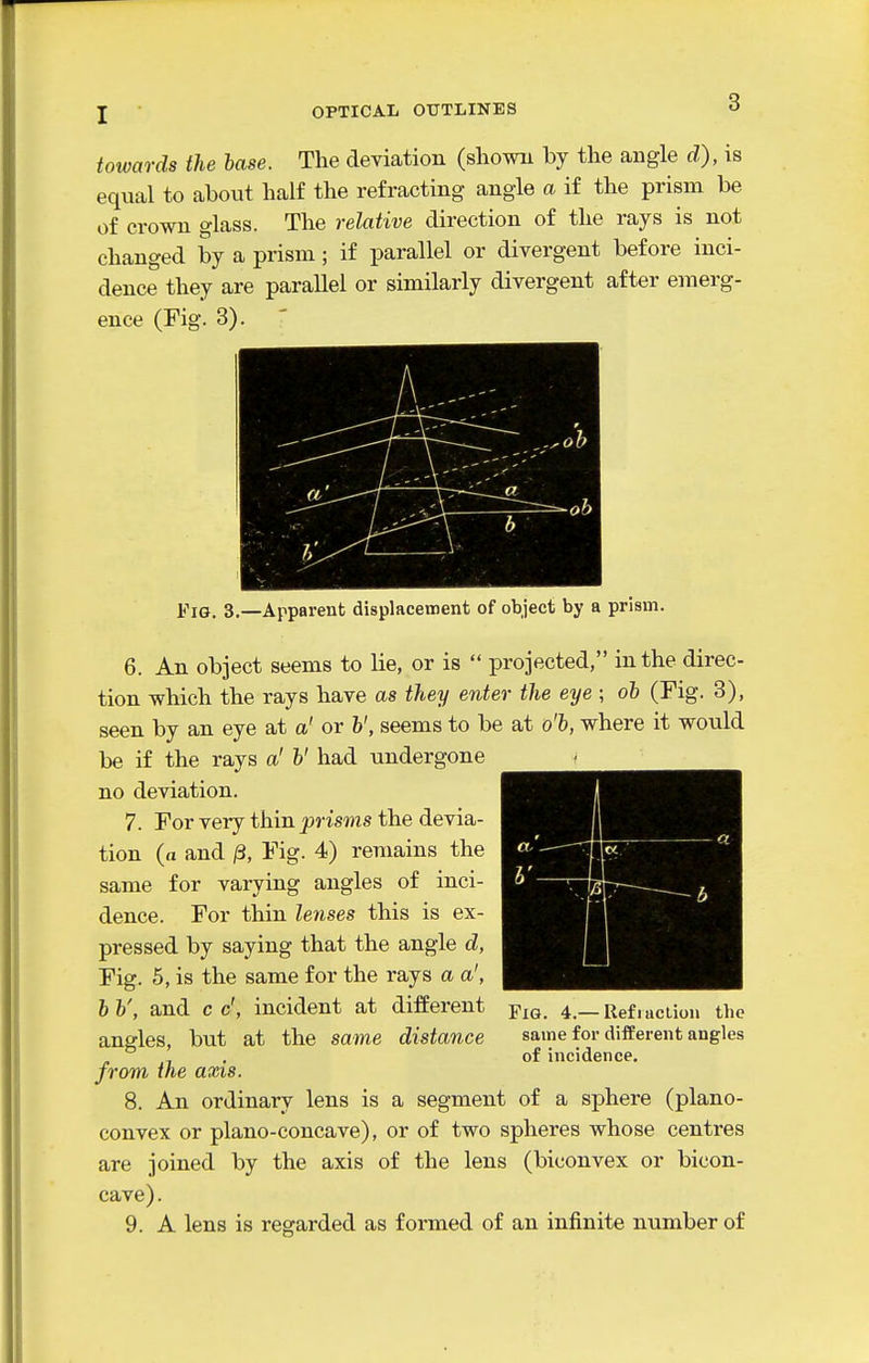 towards the base. The deviation (showu by the angle cl), is equal to about half the refracting angle a if the prism be of crown glass. The relative direction of the rays is not changed by a prism; if parallel or divergent before inci- dence they are parallel or similarly divergent after emerg- ence (Fig. 3). li'io, 3.—Apparent displacement of object by a prism. 6. An object seems to lie, or is  projected, in the direc- tion which the rays have as they enter the eye ; ob (Fig. 3), seen by an eye at a' or seems to be at o'b, where it would be if the rays a' V had undergone no deviation. 7. For very thin prisms the devia- tion (a and ^, Fig. 4) remains the same for varying angles of inci- dence. For thin lenses this is ex- pressed by saying that the angle d, Fig. 5, is the same for the rays a a', bb', and c c', incident at different yiq. 4.—Refiuciiou the angles, but at the same distance same for different angles , of incidence. from the axis. 8. An ordinary lens is a segment of a sphere (plano- convex or plano-concave), or of two spheres whose centres are joined by the axis of the lens (biconvex or bicon- cave) . 9. A lens is regarded as formed of an infinite number of