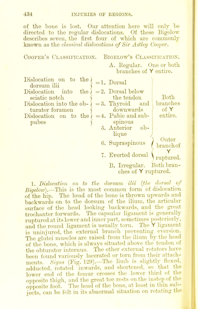 of the bone is lost. Our attention here will only be directed to the regular dislocations. Of these Bigelow describes seven, the fii'st foui- of which are commonly known as the classical disloccdions of Sir Astley Coojjer. Cooper's Classification. Dislocation on to the) dorsum ilii \ Dislocation into the } sciatic notch 5 Dislocation into the ob- } turator foramen Ji Dislocation on to the} pubes ( BiGELOw's Classification. A. Eegular. One or both branches of Y enthe. = 1. Dorsal j = 2. Dorsal below 1 the tendon } Both = 3. ThjToid and i branches downwards / of Y = 4. Pubic and sub- ! entii'e. spinous 5. Anterior ob- lique / 6. Supraspinous ^ ^^^^^^^^ 7. Everted dorsal \ .^^pt^^.^d. B. Irregular. Both bran- ches of Y ruptiu-ed. 1. Dislocation on to the dorsum ilii {the dorsal of Bigcloio).—This is the most common forai of dislocation of the hip. The head of the bone is thrown iipwards and backwards on to the dorsum of the ilium, the articular surface of the head looking backwards, and the groat trochanter forwards. The capsular ligament is generally ruptured at its lower and inner part, sometimes ]iostoriorly, and the round ligament is usually torn. The Y ligament is uninjured, the external branch jireyonting eversion. The glutei uuiscles are raised from the ilium by the head of the bone, which is always situated above the tendon of the obturator internus. The otlier external rotators have been found variously lacerated or torn from their attach- ments. Hiqns (Fig. 129).—The limb is slightly Hexed, adducted, rotated inwards, and .'shortened, so that the lower end of the femur crosses the lower third of the opposite thigh, and the gi'eat too rests on the instep of the opposite foot. The head of the bone, at least in tlun sub- jects, can bo felt in its abnormal situation on rotatmg the