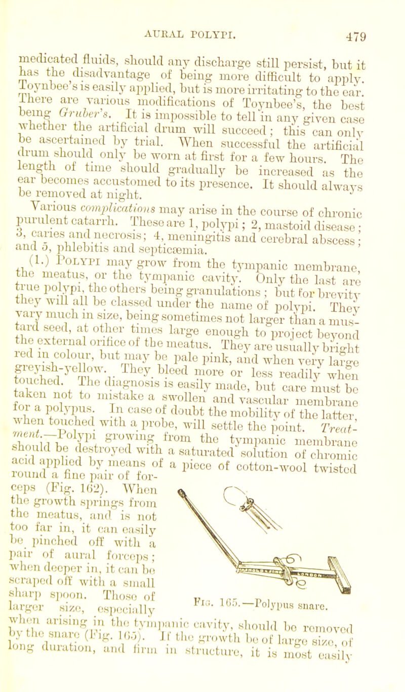 medicated fluids, should any discharge still persist, but it has the ^disadvantage of being more difficult to apply loynbee s is easily applied, but is more irritating to the ear I here are various modifications of Toynbee's, the best being Gruher s. It is impossible to tellm any given case Avhether the artificial drum will succeed; this can only be ascertained by trial. When successful the artificial druni should only be worn at first for a few hours. The length of time should gradually be increased as the ear becomes accustomed to its presence. It should always be removed at night. Various complkatlons may arise in the course of chronic purulent catarrh. These are 1, polypi; 2, mastoid disease; 6, caries and uecro.sis; 4, meningitis and cerebral abscess' and o, phlebitis and septicEemia. (1.) Polypi may grow from the tympanic membrane, U-LTr.^ \^'' tympanic cavity. Only the last arc t ue polypi the others being granulations ; but for brevity they will all be classed under the name of polypi They vary much m size, being sometimes not larger than a mus- tard seed, at other times large enough to project beyond the external onface of the meatus. They are usually blight red m colour, but may be pale pink, and when vely la?ge greyish-yellow. They bleed more or less readil/when touched. The diagnosis is easily made, but care muTt be taken not to mistake a swollen and vascular membrane for a polypus In case of doubt the mobility of the latter ^vhen touched with a probe, will settle the iioint. T^^Ti- w«i -Polypi growing from the tympanic membrane should be destroyed with a saturated'solution of chSmic acid applied by means of a piece of cotton-wool twisted round a fine pair of for- i-wioieu ceps (Fig. 162). When the growth si)rings from the meatus, and is not too far in, it can easily bo pinched off with a pair of aural forceps; when deeper in, it can b(i scraped off with a small sharp spoon. Those of larger size, especially when arising in the tyin by the snar(; (Kin.. ](j.3|_ long duration, and iimi >u.s snare. removed panic cavity, sliould bo If tlie .L;-ro\vtli be of hir' in slructurc, it is most easily