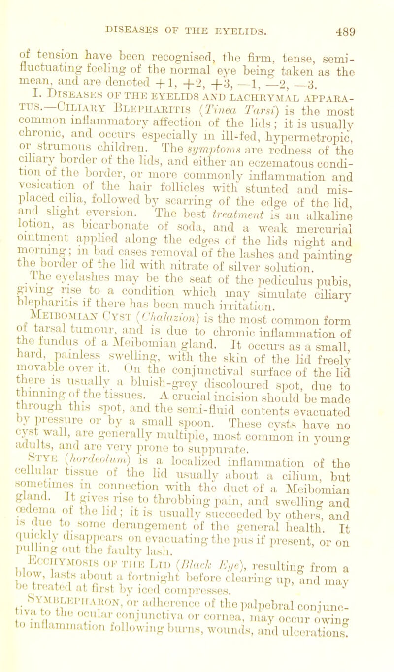 of tension have been recognised, tlie firm, tense, semi- fluctuating feeling of tbe normal eye being taken as the mean, and are denoted +1, -f-3, —1, 2, —3. I. Diseases of the eyelids and lachWmal appaha- Tus.—Ciliary Bleph.ieitis {Tinea Tarsi) is the most common inflammatory affection of the lids ; it is usually chronic, and occurs especially m ill-fed, hypermetropic, or strumous children. The are redness of the cihary border of the lids, and either an eczematous condi- tion of the border, or more commonly inflammation and vesication of the hair follicles with stunted and mis- placed cilia, followed by scarring of the edge of the lid and shght eyersioii. The best trmtment is an alkaline lotion, as bicarbonate of soda, and a weak mercurial ointment applied along the edges of the lids night and mornmo-; m bad cases removal of the lashes and painting the border of the lid with nitrate of silver solution. _ The eyela.shes may be the seat of the pediculus pubis gnang rise to a condition which may simulate ciliary blepharitis rf there has been much irritation Meibomlus- Cyst {('/mla.ion) is the most common form of tarsal tumour and is due to chronic inflammation of the fundus of a Meibomian gland. It occurs as a small, hard, painless swelling, with the skin of the lid freely movable over it. On the conjunctival surface of the lid there IS usuallv a bluish-grey discolom'ed spot, due to thinning of the tissues. A crucial incision should be made through this spot, and the semi-fluid contents evacuated by pressure or by a small spoon. These cysts have no cyst wall, are generally niultii)le, most common in youno- adults, and are very ])rone to suppurate. Stye {hordm/nm) is a locdized inflammation of the cellular tissue r,f the lid usually about a cilium, but sometimes m connection with the duct of a, Meibomian glaiul. It -ives rise to throbbing pain, and swelling and redema of the lid ; it is usually succeeded by other.?, and is due to some derangement of th(> general health. It quickly disapp..ars on eviwua.tiiig the pus if present, or on pulling out the faulty lasli. , on l'>x;n.YMosrs .„.• ruv. I,in (///,,,■/,■ Ay), resulting from a 'low, lasts a,bout a, hninight before cle;iri,ig up, and may he treated at first by iced compr.^sses. ^ ^ fiv^,?fI'''-\''' 'l^:'''''^'' I' Palpohral conjunc- iva to the ocubirccmjunctiva. or cornea, may occur < win- to inllamn,M,o„ r„ll,nvin,- burns, wounds, and ulcratZs