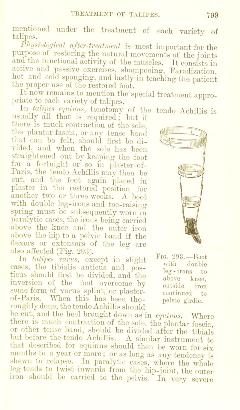 mentioned nndcr the treatment of each variety of talipes. Plrysiological after-treatment is most important for the purpose of restoring the natiu'al movements of the joints and the frmctional activity of the muscles. It consists in active and passive exercises, shampooing, Faradization, hot and cold sponging, and lastly in teaching the patient the proper use of the restored foot. It now remains to mention the special treatment appro- priate to each variety of tahpes. In talipes equiiins, tenotomy of the tendo Achillis is usually all that is required; hut if there is much contraction of the sole, the plantar fascia, or any tense band that can be felt, should first be di- vided, and when the sole has been straightened out by keeping the foot for a fortnight or so in plaster-of- Paris, the tendo Achillis may then be cut, and the foot again placed in plaster in the I'estored position for another two or three weeks. A boot with double leg-irons and toe-raising spring must be subsequently worn in paralytic cases, the irons being carried above the knee and the outer iron above the hip to a peh'ic band if the flexors or extensors of the leg are also affected (Fig. 293). In talipes varus, except in slight cases, the tibialis anticus and pos- ticus should first be divided, and the inversion of the foot overcome by some form of varus splint, or plaster- of-Paris. When this has been tho- roughly done, the tendo Achillis should be cut, and the heel brought down as in cquinus. Where there is much contraction of the sole, the plantar fascia, or other tense band, should be divided after the tibials but before the tendo Achillis. A similar instrument to that described for equinus should then be worn for six months to a year or more; or as long as any tendency is she-mi to relapse. In i)aralytic cases, where the wliole log tends to twist inwards from the hip-joint, the outer iron should bo carried to the pelvis. In very severe Fig. 293.—Boot witli double leg - irons to above knee, outside iron continued to pelvic girdle.