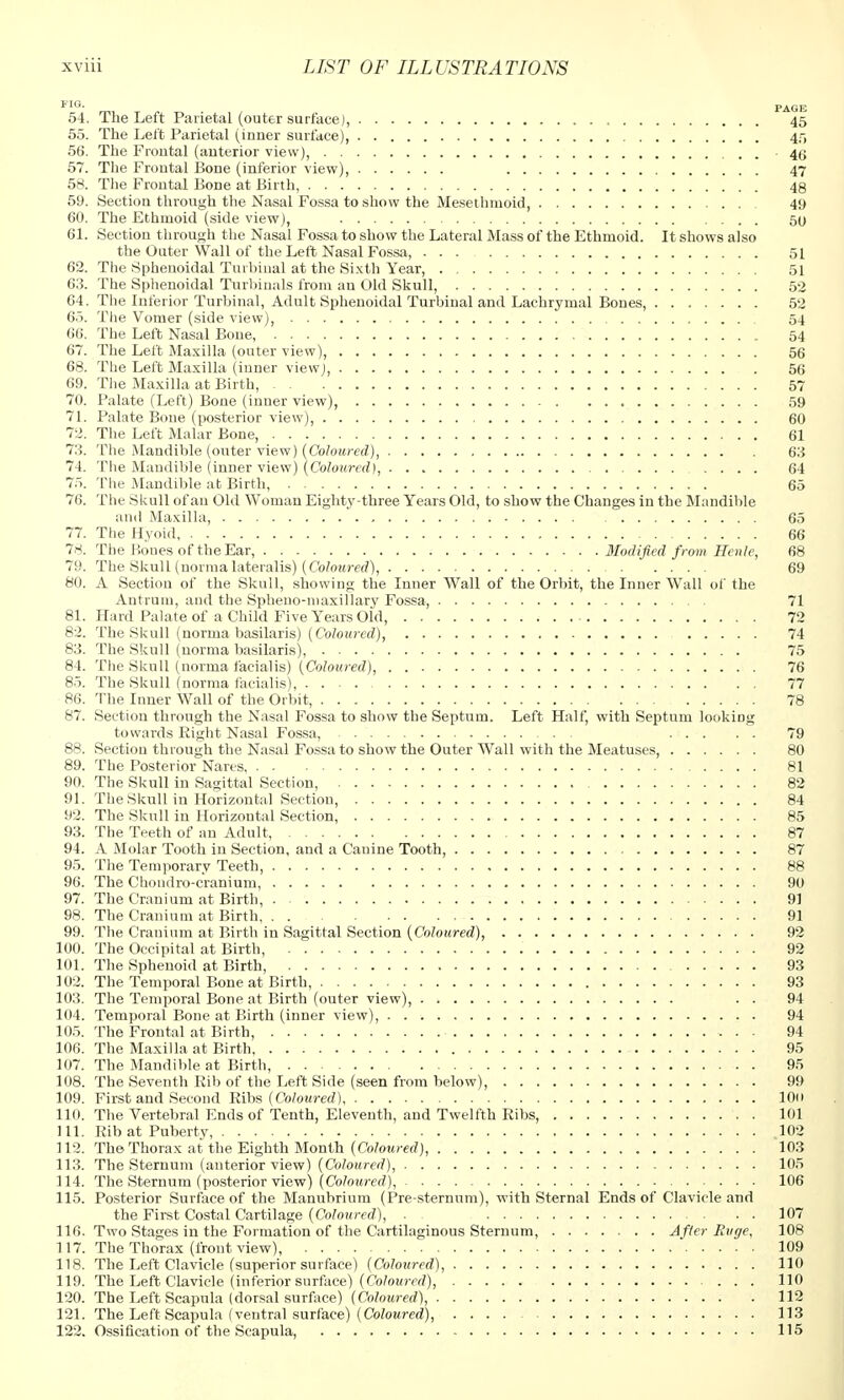 ^ * PAGK 54. The Left Parietal (outer surface), 45 55. The Left Parietal (inner surface), 45 56. The Frontal (anterior view), 4<; 57. The Frontal Bone (inferior view), 47 58. The Frontal Bone at Birth, 48 59. Section through the Nasal Fossa to show the Mesethmoid, 49 60. The Ethmoid (side view), 50 61. Section through the Nasal Fossa to show the Lateral Mass of the Ethmoid. It shows also the Outer Wall of the Left Nasal Fossa, ... 51 62. The Sphenoidal Turbinal at the Sixth Year, 51 63. The Sphenoidal Turbinals from an Old Skull, 52 64. The Inferior Turbinal, Adult Sphenoidal Turbinal and Lachrymal Bones, 52 65. The Vomer (side view), 54 66. The Left Nasal Bone, 54 67. The Left Maxilla (outer view), 56 68. The Left Maxilla (inner view), 56 69. The Maxilla at Birth, 57 70. Palate (Left) Bone (inner view), 59 71. Palate Bone (posterior view), 60 72. The Left Malar Bone, 61 73. The Mandible (outer view) (Coloured), 63 74. The Mandible (inner view) (Coloured), .... 64 75. The Mandible at Birth, 65 76. The Skull of an Old Woman Eighty-three Years Old, to show the Changes in the Mandible and Maxilla, 65 77. The Hyoid, 66 78. The Bones of the Ear, Modified from Henle, 68 79. The Skull (norma lateralis) (Coloured), 69 80. A Section of the Skull, showing the Inner Wall of the Orbit, the Inner Wall of the Antrum, and the Spheno-maxillary Fossa, 71 81. Hard Palate of a Child Five Years Old, 72 82. The Skull (norma basilaris) (Coloured), 74 83. The Skull (norma basilaris), 75 84. The Skull (norma facialis) (Coloured), 76 85. The Skull (norma facialis), 77 86. The Inner Wall of the Orbit, 78 87. Section through the Nasal Fossa to show the Septum. Left Half, with Septum looking towards Right Nasal Fossa, 79 88. Section through the Nasal Fossa to show the Outer Wall with the Meatuses, 80 89. The Posterior Nares 81 90. The Skull in Sagittal Section, 82 91. The Skull in Horizontal Section, 84 92. The Skull in Horizontal Section 85 93. The Teeth of an Adult, 87 94. A Molar Tooth in Section, and a Canine Tooth, 87 95. The Temporary Teeth, 88 96. The Chondro-cranium, 90 97. The Cranium at Birth, 91 98. The Cranium at Birth 91 99. The Cranium at Birth in Sagittal Section (Coloured), 92 100. The Occipital at Birth, 92 101. The Sphenoid at Birth, 93 102. The Temporal Bone at Birth, 93 103. The Temporal Bone at Birth (outer view), . . 94 104. Temporal Bone at Birth (inner view), 94 105. The Frontal at Birth, 94 106. The Maxilla at Birth 95 107. The Mandible at Birth, 95 108. The Seventh Rib of the Left Side (seen from below), 99 109. First and Second Ribs (Coloured) 10n 110. The Vertebral Ends of Tenth, Eleventh, and Twelfth Ribs, 101 111. Rib at Puberty, .102 112. The Thorax at the Eighth Month (Coloured), 103 113. The Sternum (anterior view) (Coloured), 105 114. The Sternum (posterior view) (Coloured), 106 115. Posterior Surface of the Manubrium (Pre sternum), with Sternal Ends of Clavicle and the First Costal Cartilage (Coloured), . . 107 116. Two Stages in the Formation of the Cartilaginous Sternum, After Euge, 108 117. The Thorax (front view), 109 118. The Left Clavicle (superior surface) (Coloured), 110 119. The Left Clavicle (inferior surface) (Coloured), 110 120. The Left Scapula (dorsal surface) (Coloured), 112 121. The Left Scapula (ventral surface) (Coloured), 113 122. Ossification of the Scapula, 115