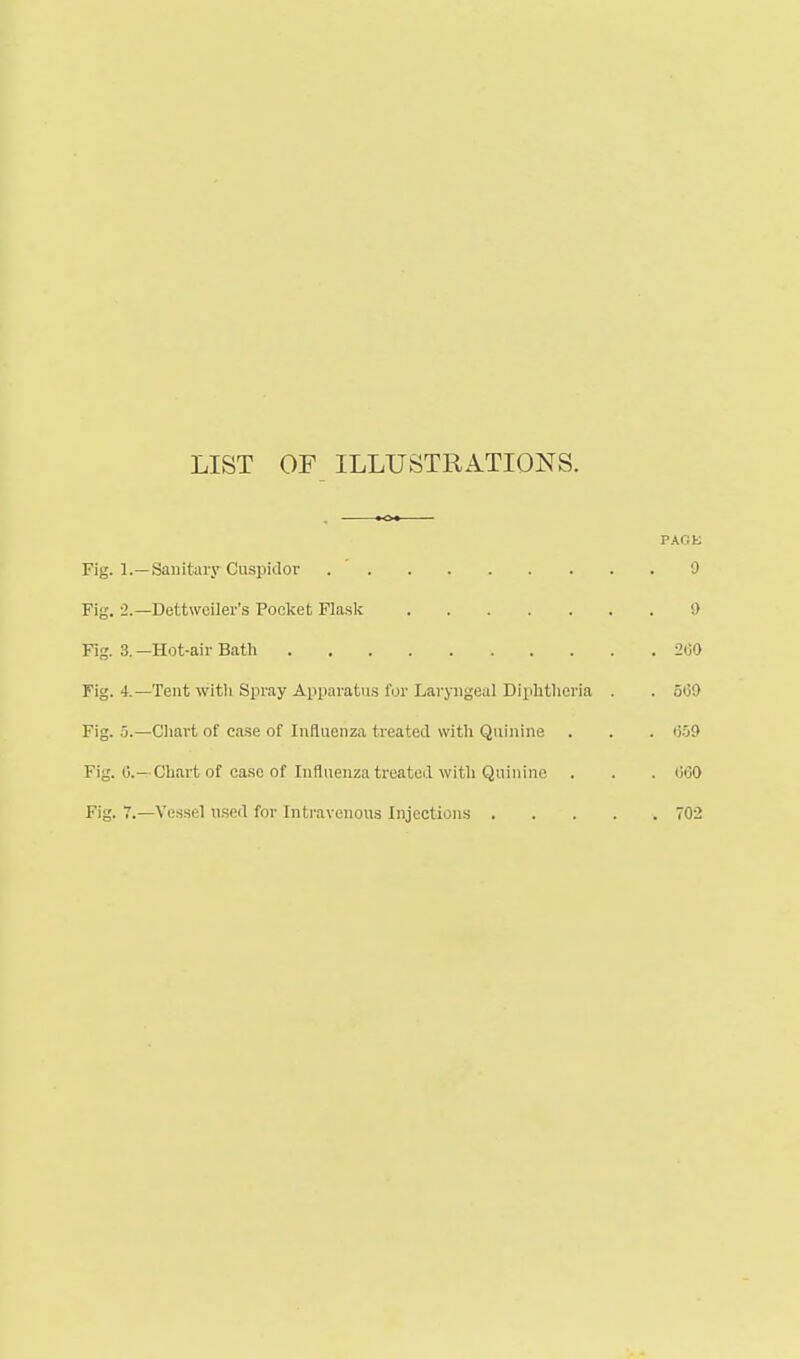 LIST OF ILLUSTRATIONS. PACK Fig. 1.—Sanitary Cuspidor 9 Fig. 2.—Dettweiler's Pocket Flask !) Fig. 3.—Hot-air Bath 260 Fig. 4.—Tent with Spray Apparatus for Laryngeal Diphtheria . . 569 Fig. o.—Chart of case of Influenza treated with Quinine . . . 659 Fig. 0.—Chart of case of Influenza treated with Quinine . . . 000 Fig. 7.—Vessel used for Intravenous Injections 702