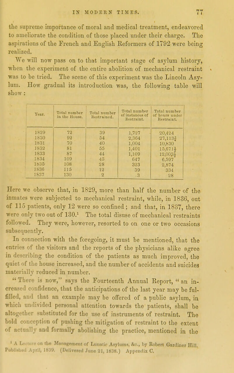 the supreme importance of moral and medical treatment, endeavored to ameliorate the condition of those placed under their charge. The aspirations of the French and English Reformers of 1792 were being realized. We Nvill now pass on to that important stage of asylum history, when the experiment of the entire abolition of mechanical restraint was to be tried. The scene of this experiment was the Lincoln Asy- lum, show How gradual its introduction was, the following table will Tear. Total number in the House. Total number Kestrained. 1S29 1S30 1S31 ]S32 1833 1834 1835 1836 1837 72 92 70 81 87 109 108 115 130 39 54 40 55 44 45 28 12 2 Total number of instances of lU'Straint. 1,727 2,364 1,004 1,401 1,109 647 323 39 .3 Total number of hours under Ueslraiot. 20,424 27,113| 10,830 15,671^ 12,003^ 6,597- 2,874 334 28 Here we observe that, in 1829, more than half the number of the inmates were subjected to mechanical restraint, while, in 1836, out of 115 patients, only 12 were so confined; and that, in 1837, there were only two out of 130.^ The total disuse of mechanical restraints followed. They were, however, resorted to on one or two occasions subsequently. In connection with the foregoing, it must be mentioned, that the entries of the visitors and the reports of the physicians alike agree in de-scribing the condition of the patients as much improved, the quiet of the house increased, and the number of accidents and suicides materially reduced in number.  There is now, says the Fourteenth Annual Report,  an in- creased confidence, that the anticipations of the last year may be ful- filled, and that an example may be offered of a public asylum, in which undivided personal attention towards the patients, shall be altogether .substituted for the use of instruments of restraint. The bold conception of pushing the mitigation of restraint to the extent of actually and formally abolishing the practice, mentioned in the ' A Lecture on the Management of Lunatic Asylums, &c., by Robert Gardiner Hill. Published April, 1839. (Delivered June 21, 1838.) Appendix C.