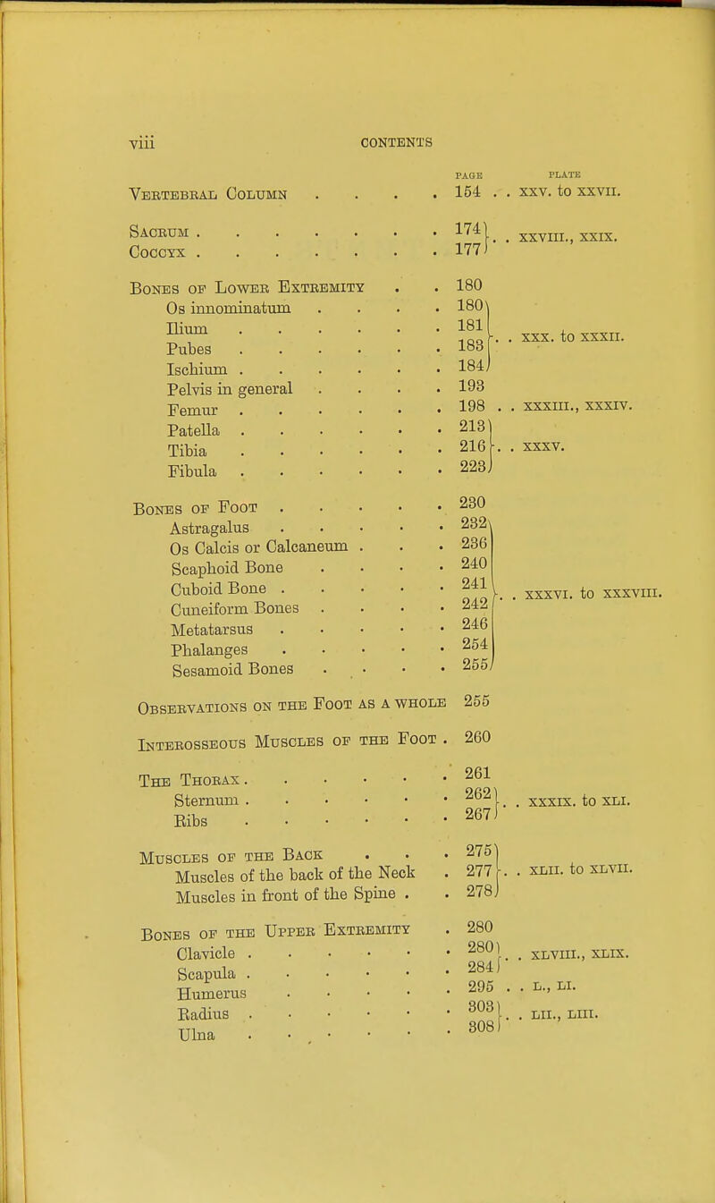 Veetebbaii Column Sacrum Coccyx Bones op Lower Extremity Os innominatum Himn Pubes Ischium . Pelvis in general Femur Patella . Tibia Fibula Bones of Foot . Astragalus Os Calcis or Calcaneum Scapboid Bone Cuboid Bone . Cuneiform Bones . Metatarsus Phalanges Sesamoid Bones Observations on the Foot as a whole Interosseous Muscles op the Foot . The Thorax Sternum Eibs Muscles op the Back Muscles of the back of the Neck Muscles in front of the Spine . Bones of the Upper Extremity Clavicle . Scapula . Humerus Eadius . Ulna PAGE 154 1741 mi PLATE XXV. to XXVII. . . XXVIII., XXIX. 180 180 181 183 184j 193 198 213 216 223J 230 232\ 236 240 241 242 246 254 255/ 255 260 261 262] 267) ■ 275] 277 . 278] 280 280) 284 f 295 303 308 XXX. to XXXII. XXXIII., XXXIV. XXXV. y. . XXXVI. to XXXVIII. XXXIX. to XLI. XLII. to XLVII. XLVIII., XLIX. L., LI. LII., LIII.