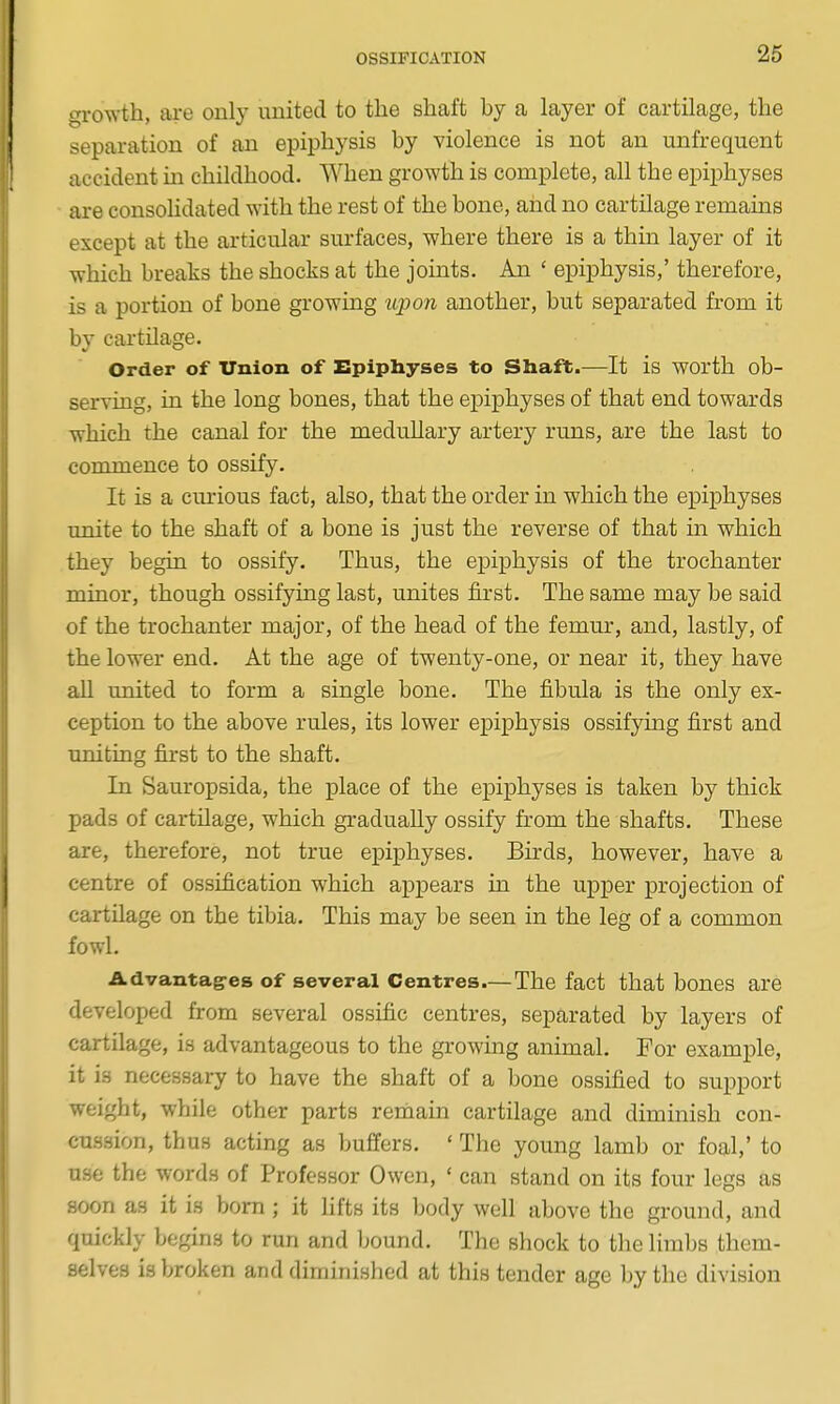 growth, are only united to the shaft by a layer of cartilage, the separation of an epiphysis by violence is not an unfrequent accident in childhood. When growth is complete, all the epiphyses are consolidated with the rest of the bone, and no cartilage remains except at the articular surfaces, where there is a thin layer of it which breaks the shocks at the joints. An ' epiphysis,' therefore, is a portion of bone growing upon another, but separated from it by cartilage. Order of Vnioii of Epiphyses to Shaft.—It is worth ob- serving, in the long bones, that the epiphyses of that end towards which the canal for the medullary artery runs, are the last to commence to ossify. It is a cm-ious fact, also, that the order in which the epiphyses unite to the shaft of a bone is just the reverse of that in which they begin to ossify. Thus, the epiphysis of the trochanter minor, though ossifying last, unites first. The same may be said of the trochanter major, of the head of the femur, and, lastly, of the lower end. At the age of twenty-one, or near it, they have all united to form a single bone. The fibula is the only ex- ception to the above rules, its lower epiphysis ossifying first and uniting first to the shaft. In Sauropsida, the place of the epiphyses is taken by thick pads of cartilage, which gradually ossify from the shafts. These are, therefore, not true epiphyses. Birds, however, have a centre of ossification which appears in the upper projection of cartilage on the tibia. This may be seen in the leg of a common fowl. Advantag-es of several Centres.—The fact that bones are developed from several ossific centres, separated by layers of cartilage, is advantageous to the growing animal. For example, it is necessary to have the shaft of a bone ossified to support weight, while other parts remain cartilage and diminish con- cussion, thus acting as buffers. ' The young lamb or foal,' to use the words of Professor Owen, ' can stand on its four legs as soon as it is bom ; it hfts its body well above the ground, and quickly begins to run and bound. The shock to the limbs them- selves is broken and diminished at this tender age by the division