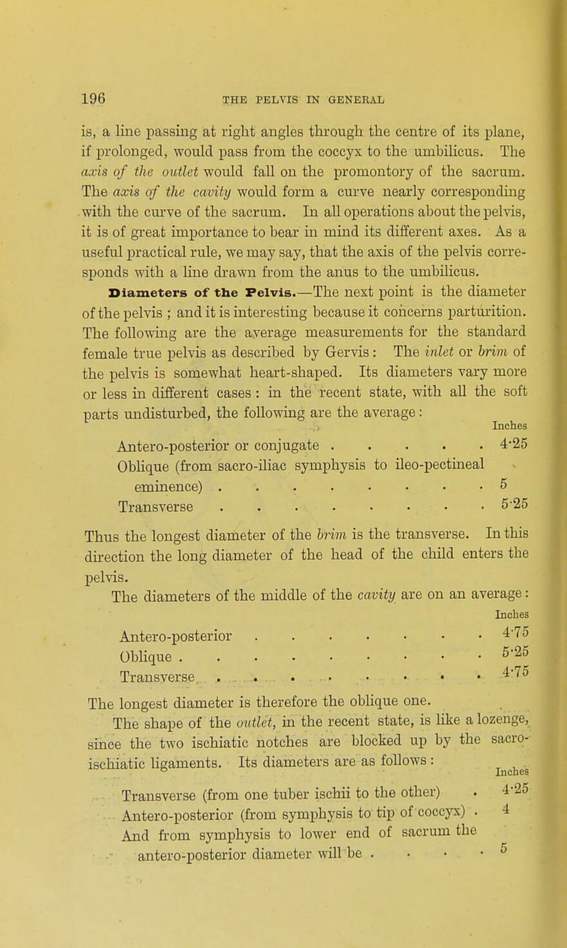 is, a line passing at right angles through the centre of its plane, if prolonged, would pass from the coccyx to the umbilicus. The axis of the outlet would fall on the promontory of the sacrum. The axis of the camty would form a curve nearly corresponding .with the curve of the sacrum. In all operations about the pelvis, it is of great importance to bear in mind its different axes. As a useful practical rule, we may say, that the axis of the pelvis corre- sponds with a line drawn from the anus to the umbilicus. Diameters of the Pelvis.—The next point is the diameter of the pelvis ; and it is interesting because it coiiceirns parturition. The followmg are the average measurements for the standard female true pelvis as described by Gervis : The inlet or hrim of the pelvis is somewhat heart-shaped. Its diameters vary more or less in different cases: in the recent state, with all the soft parts undisturbed, the following are the average: ;) Inches Antero-posterior or conjugate 4-25 ObHque (from sacro-iliac symphysis to ileo-pectineal eminence) 5 Transverse . . . . . • • . 5'25 Thus the longest diameter of the hrim is the transverse. In this dh-ection the long diameter of the head of the child enters the pelvis. The diameters of the middle of the cavity are on an average: Inches Antero-posterior 4-75 Oblique S'^o Transverse ^ . . ^''^ The longest diameter is therefore the obUque one. The shape of the outlet, m the recent state, is hke a lozenge, since the two ischiatic notches are blocked up by the sacro- ischiatic lieaments. Its diameters are as follows : ° Inches Transverse (from one tuber ischii to the other) . 4-25 Antero-posterior (from symphysis to tip of coccyx) . 4 And from symphysis to lower end of sacrum the antero-posterior diameter will be . • • 5