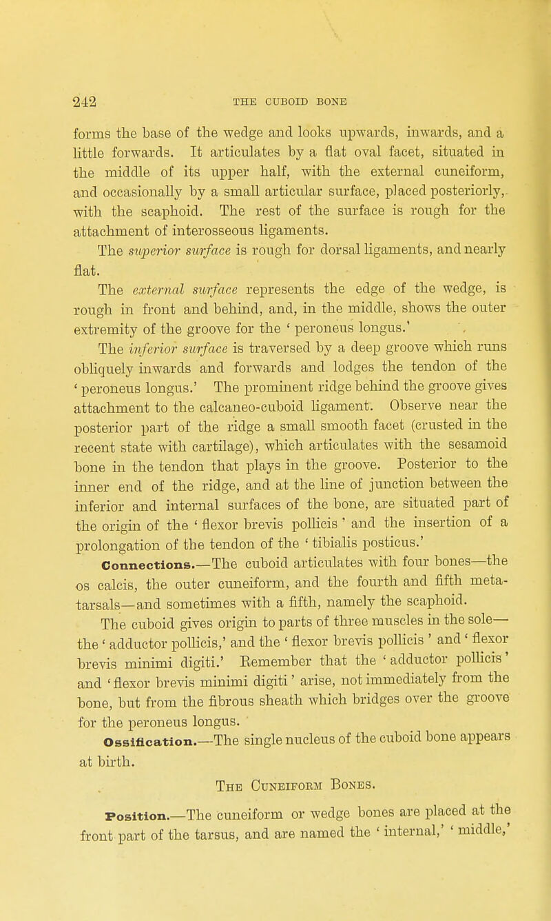 forms the base of the wedge and looks upwards, inwards, and a Httle forwards. It articulates by a flat oval facet, situated in the middle of its upper half, with the external cuneiform, and occasionally by a small articular surface, placed posteriorly,, with the scaphoid. The rest of the surface is rough for the attachment of interosseous ligaments. The superior surface is rough for dorsal ligaments, and nearly flat. The external surface represents the edge of the wedge, is rough in front and behind, and, in the middle, shows the outer extremity of the groove for the ' peroneus longus.' The inferior swrface is traversed by a deep groove which runs obhquely inwards and forwards and lodges the tendon of the ' peroneus longus.' The prominent ridge behind the groove gives attachment to the calcaneo-cuboid Ugament. Observe near the posterior part of the ridge a small smooth facet (crusted in the recent state with cartilage), which articulates with the sesamoid bone in the tendon that plays in the groove. Posterior to the inner end of the ridge, and at the line of junction between the inferior and internal surfaces of the bone, are situated part of the origin of the ' flexor brevis poUicis ' and the msertion of a prolongation of the tendon of the ' tibiaUs posticus.' Connections.—The cuboid articulates with four bones—the OS calcis, the outer cuneiform, and the fourth and fifth meta- tarsals—and sometimes with a fifth, namely the scaphoid. The cuboid gives origin to parts of three muscles in the sole— the ' adductor poUicis,' and the ' flexor brevis poUicis ' and ' flexor brevis minimi digiti.' Eemember that the ' adductor poUicis' and ' flexor brevis minimi digiti' arise, not immediately from the bone, but from the fibrous sheath which bridges over the groove for the peroneus longus. Ossification.—The single nucleus of the cuboid bone appears at birth. The Cuneiform Bones. Position.—The cuneiform or wedge bones are placed at the front part of the tarsus, and are named the ' internal,' ' middle,'