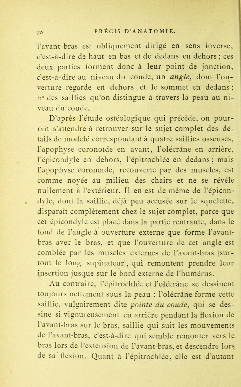 Tavant-bras est obliquement dirigé en sens inverse, c'est-à-dire de haut en bas et de dedans en dehors ; ces deux parties forment donc à leur point de jonction, c'est-à-dire au niveau du coude, un angle, dont l'ou- verture regarde en dehors et le sommet en dedans ; 2° des saillies qu'on distingue à travers la peau au ni- veau du coude. D'après Tétude oste'ologique qui pre'cède, on pour- rait s'attendre à retrouver sur le sujet complet des dé- tails de modelé correspondant à quatre saillies osseuses, l'apophyse coronoïde en avant, l'olécrâne en arrière, l'épicondyle en dehors, l'épitrochlée en dedans ; mais l'apophyse coronoïde, recouverte par des muscles, est comme novée au milieu des chairs et ne se révèle nullement à l'extérieur. Il en est de même de l'épicon- dyle, dont la saillie, déjà peu accusée sur le squelette, disparaît complètement chez le sujet complet, parce que cet épicondyle est placé dans la partie rentrante, dans le fond de l'angle à ouverture externe que forme Favant- bras avec le bras, et que l'ouverture de cet angle est comblée par les muscles externes de l'avant-bras sur- tout le long supinateur , qui remontent prendre leur insertion jusque sur le bord externe de l'humérus. Au contraire, l'épitrochlée et l'olécrâne se dessinent toujours nettement sous la peau : l'olécrâne forme cette saillie, vulgairement dite pointe du coude, qui se des- sine si vigoureusement en arrière pendant la flexion de l'avant-bras sur le bras, saillie qui suit les mouvements de l'avant-bras, c'est-à-dire qui semble remonter vers le bras lors de l'extension de l'avant-bras, et descendre lors de sa flexion. Quant à l'épitrochlée, elle est d'autant