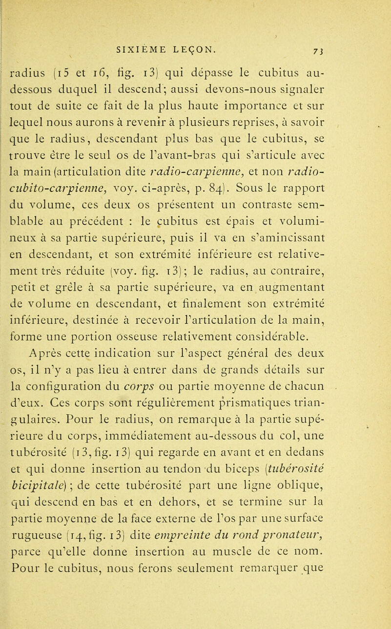 raaius (i5 et 16, fig. i3) qui dépasse le cubitus au- dessous duquel il descend; aussi devons-nous signaler tout de suite ce fait de la plus haute importance et sur lequel nous aurons à revenir à plusieurs reprises, à savoir que le radius, descendant plus bas que le cubitus, se trouve être le seul os de Pavant-bras qui s'articule avec la main (articulation dite radio-cajyienne, et non radio- ciibito-carpienne, voy. ci-après, p. 84). Sous le rapport du volume, ces deux os présentent un contraste sem- blable au précédent : le cubitus est épais et volumi- neux à sa partie supérieure, puis il va en s'amincissant en descendant, et son extrémité inférieure est relative- ment très réduite (voy. fig. i3); le radius, au contraire, petit et grêle à sa partie supérieure, va en augmentant de volume en descendant, et finalement son extrémité inférieure, destinée à recevoir Tarticulation de la main, forme une portion osseuse relativement considérable. Après cette indication sur Paspect général des deux os, il n'y a pas lieu à entrer dans de grands détails sur la configuration du corps ou partie moyenne de chacun d'eux. Ces corps sont régulièrement prismatiques trian- gulaires. Pour le radius, on remarque à la partie supé- rieure du corps, immédiatement au-dessous du col, une tubérosité (i3,fig. i3) qui regarde en avant et en dedans et qui donne insertion au tendon du biceps [tubérosité bicipitalé) ; de cette tubérosité part une ligne oblique, qui descend en bas et en dehors, et se termine sur la partie moyenne de la face externe de l'os par une surface rugueuse (14, fig. i3) dite empreinte du rondpronateur, parce qu'elle donne insertion au muscle de ce nom. Pour le cubitus, nous ferons seulement remarquer que