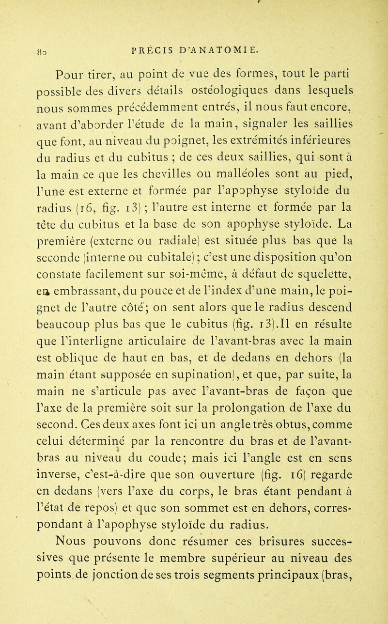 Pour tirer, au point de vue des formes, tout le parti possible des divers détails ostéologiques dans lesquels nous sommes précédemment entrés, il nous faut encore, avant d^aborder Tétude de la main, signaler les saillies que font, au niveau du poignet, les extrémités inférieures du radius et du cubitus ; de ces deux saillies, qui sont à la main ce que les chevilles ou malléoles sont au pied, Tune est externe et formée par Papophyse styloïde du radius (i6, fig. i3) ; Pautre est interne et formée par la tête du cubitus et la base de son apophyse styloïde. La première (externe ou radiale) est située plus bas que la seconde (interne ou cubitale) ; c^est une disposition qu^on constate facilement sur soi-même, à défaut de squelette, ea embrassant, du pouce et de Pindex d'une main, le poi- gnet de Pautre côté; on sent alors que le radius descend beaucoup plus bas que le cubitus (fig. i3).Il en résulte que Pinterligne articulaire de Pavant-bras avec la main est oblique de haut en bas, et de dedans en dehors (la main étant supposée en supination), et que, par suite, la main ne s'articule pas avec Pavant-bras de façon que Paxe de la première soit sur la prolongation de Paxe du second. Ces deux axes font ici un angle très obtus, comme celui déterminé par la rencontre du bras et de Pavant- bras au niveau du coude; mais ici Pangle est en sens inverse, c'est-à-dire que son ouverture (fig. i6) regarde en dedans (vers Paxe du corps, le bras étant pendant à Pétat de repos) et que son sommet est en dehors, corres- pondant à Papophyse styloïde du radius. Nous pouvons donc résumer ces brisures succes- sives que présente le membre supérieur au niveau des points,de jonction de ses trois segments principaux [bras,