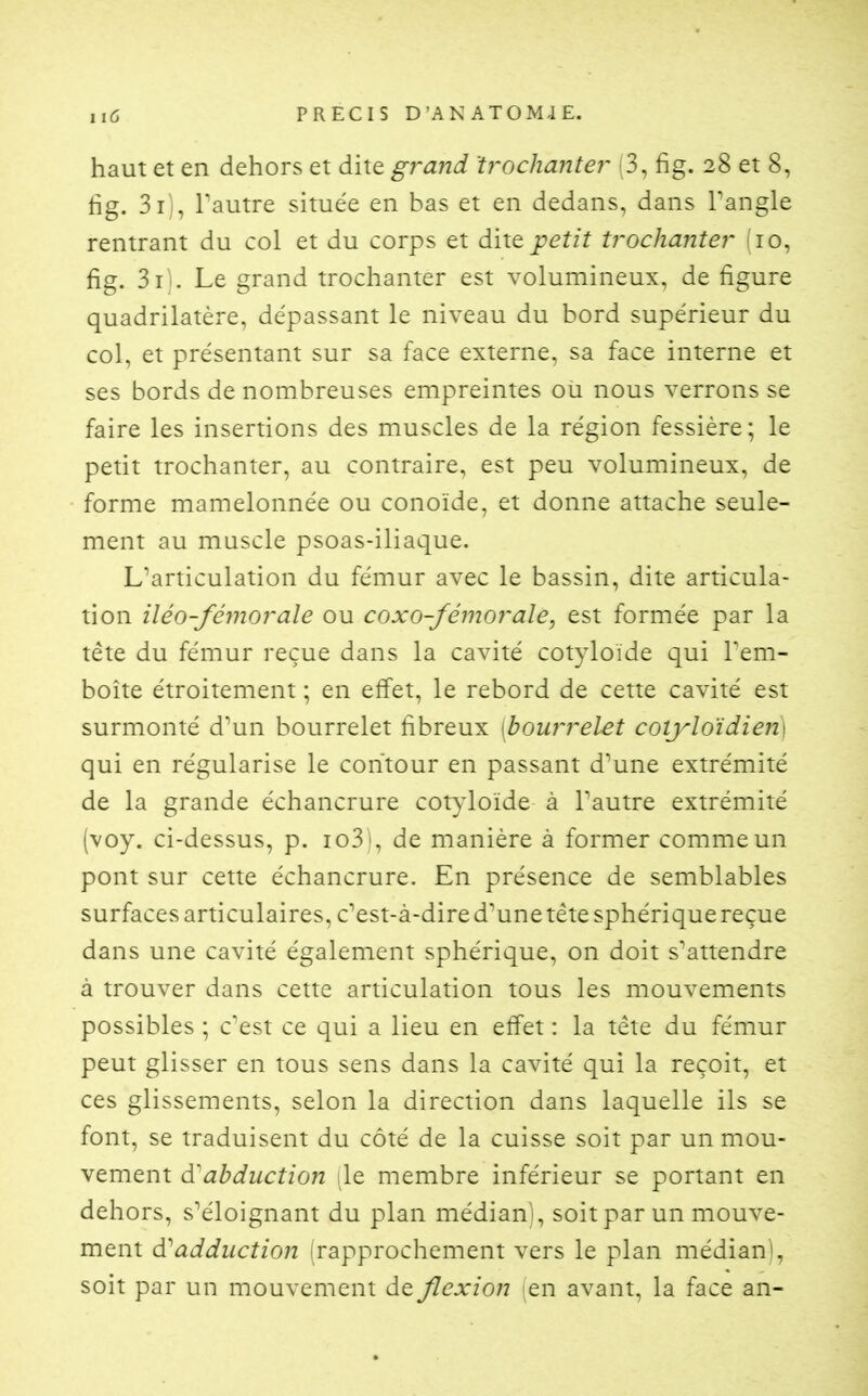 haut et en dehors et dite grand 't7~ochanter (3, fig. 28 et 8, fig. 3ij, Fautre située en bas et en dedans, dans Pangle rentrant du col et du corps et diie. petit trochanter (10, fig. 3i'. Le grand trochanter est volumineux, de figure quadrilatère, dépassant le niveau du bord supérieur du col, et présentant sur sa face externe, sa face interne et ses bords de nombreuses empreintes ou nous verrons se faire les insertions des muscles de la région fessière; le petit trochanter, au contraire, est peu volumineux, de forme mamelonnée ou conoïde, et donne attache seule- ment au muscle psoas-iliaque. L^articulation du fémur avec le bassin, dite articula- tion iléo-fémorale ou coxo-fémorale, est formée par la tête du fémur reçue dans la cavité cotyloïde qui Tem- boîte étroitement ; en effet, le rebord de cette cavité est surmonté d^un bourrelet fibreux [bourrelet cotyloïdien] qui en régularise le contour en passant d^une extrémité de la grande échancrure cotyloïde à Fautre extrémité (voy. ci-dessus, p. io3!, de manière à former comme un pont sur cette échancrure. En présence de semblables surfaces articulaires, c^est-à-dire d'une tête sphérique reçue dans une cavité également sphérique, on doit s^attendre à trouver dans cette articulation tous les mouvements possibles ; c'est ce qui a lieu en effet : la tête du fémur peut glisser en tous sens dans la cavité qui la reçoit, et ces glissements, selon la direction dans laquelle ils se font, se traduisent du côté de la cuisse soit par un mou- vement d'abduction île membre inférieur se portant en dehors, s^éloignant du plan médian), soit par un mouve- ment à''adduction (rapprochement vers le plan médian), soit par un mouvement de flexion (en avant, la face an-