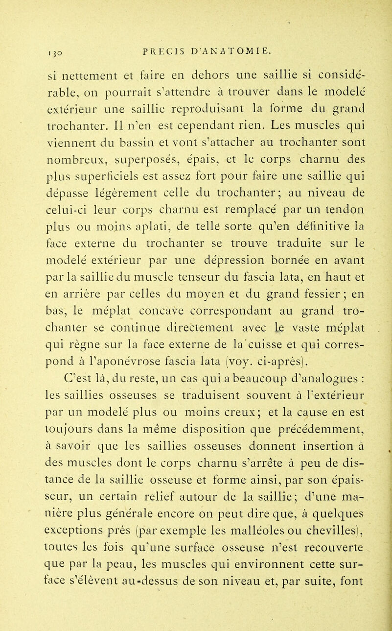 si nettement et faire en dehors une saillie si considé- rable, on pourrait s'attendre à trouver dans le modelé extérieur une saillie reproduisant la forme du grand trochanter. Il n'en est cependant rien. Les muscles qui viennent du bassin et vont s'attacher au trochanter sont nombreux, superposés, épais, et le corps charnu des plus superficiels est assez fort pour faire une saillie qui dépasse légèrement celle du trochanter; au niveau de celui-ci leur corps charnu est remplacé par un tendon plus ou moins aplati, de telle sorte qu'en définitive la face externe du trochanter se trouve traduite sur le modelé extérieur par une dépression bornée en avant parla saillie du muscle tenseur du fascia lata, en haut et en arrière par celles du moyen et du grand fessier ; en bas, le méplat concave correspondant au grand tro- chanter se continue directement avec le vaste méplat qui règne sur la face externe de la cuisse et qui corres- pond à l'aponévrose fascia lata (voy. ci-après). C'est là, du reste, un cas qui a beaucoup d'analogues : les saillies osseuses se traduisent souvent à l'extérieur par un modelé plus ou moins creux; et la cause en est toujours dans la même disposition que précédemment, à savoir que les saillies osseuses donnent insertion à des muscles dont le corps charnu s'arrête à peu de dis- tance de la saillie osseuse et forme ainsi, par son épais- seur, un certain relief autour de la saillie; d'une ma- nière plus générale encore on peut dire que, à quelques exceptions près (par exemple les malléoles ou chevilles), toutes les fois qu'une surface osseuse n'est recouverte que par la peau, les muscles qui environnent cette sur- face s'élèvent au-dessus de son niveau et, par suite, font