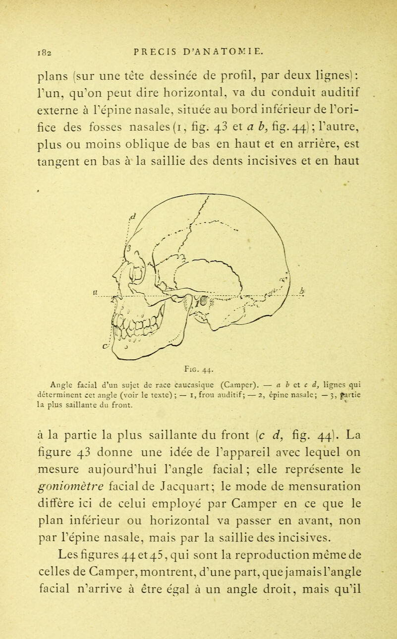 plans (sur une tête dessinée de profil, par deux lignes^. Tun, qu'on peut dire horizontal, va du conduit auditif externe à Te'pine nasale, située au bord inférieur de Tori- fice des fosses nasales (i, fig. 48 et a b, fig. 44) ; Tautre, plus ou moins oblique de bas en haut et en arrière, est tangent en bas à la saillie des dents incisives et en haut FlG. 44. Angle facial d'un sujet de race caucasique (Camper). — a b et c d, lignes qui déterminent cet angle (voir le texte) ; — i, frou auditif; — 2, épine nasale; — 3, j^rtie la plus saillante du front. à la partie la plus saillante du front (c d, fig. 44). La figure 43 donne une idée de l'appareil avec lequel on mesure aujourd'hui l'angle facial ; elle représente le goniomètre facial de Jacquart; le mode de mensuration diffère ici de celui employé par Camper en ce que le plan inférieur ou horizontal va passer en avant, non par l'épine nasale, mais par la saillie des incisives. Les figures 44 et45, qui sont la reproduction même de celles de Camper, montrent, d'une part, que jamais l'angle facial n^arrive à être égal à un angle droit, mais quHl