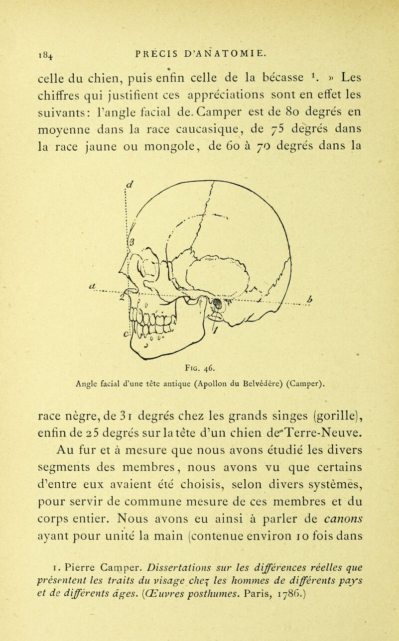 celle du chien, puis enfin celle de la bécasse 1. » Les chiffres qui justifient ces appréciations sont en effet les suivants: Tangle facial de. Camper est de 80 degrés en moyenne dans la race caucasique, de /S degrés dans la race jaune ou mongole, de 60 à 70 degrés dans la race nègre, de 3i degrés chez les grands singes (gorille), enfin de 2 5 degrés sur la tête d^un chien de'Terre-Neuve. Au fur et à mesure que nous avons étudié les divers segments des membres, nous avons vu que certains d^entre eux avaient été choisis, selon divers systèmes, pour servir de commune mesure de ces membres et du corps entier. Nous avons eu ainsi à parler de canons ayant pour unité la main (contenue environ 10 fois dans I. Pierre Camper. Dissertations sur les différences réelles que présentent les traits du visage che^ les hommes de différents pays et de différents âges. {Œuvres posthumes. Paris, 1786.)