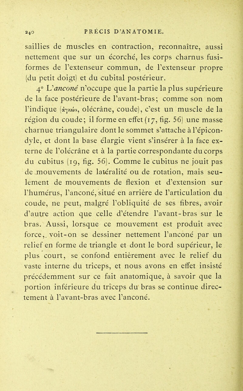 saillies de muscles en contraction, reconnaître, aussi nettement que sur un écorché, les corps charnus fusi- formes de Pextenseur commun, de Textenseur propre (du petit doigt) et du cubital postérieur. 4*^ Uanconé n^occupe que la partie la plus supérieure de la face postérieure de Pavant-bras; comme son nom rindique (ày.wv, olécrâne, coude), c^est un muscle de la région du coude; il forme en effet (17, fig. 56) une masse charnue triangulaire dont le sommet s'attache à Pépicon- dyle, et dont la base élargie vient s'insérer à la face ex- terne de Polécrâne et à la partie correspondante du corps du cubitus (ig, fig. 56). Comme le cubitus ne jouit pas de mouvements de latéralité ou de rotation, mais seu- lement de mouvements de flexion et d'extension sur Phumérus, Panconé, situé en arrière de l'articulation du coude, ne peut, malgré Pobliquité de ses fibres, avoir d'autre action que celle d'étendre Pavant-bras sur le bras. Aussi, lorsque ce mouvement est produit avec force,, voit-on se dessiner nettement Panconé par un relief en forme de triangle et dont le bord supérieur, le plus court, se confond entièrement avec le relief du vaste interne du triceps, et nous avons en effet insisté précédemment sur ce fait anatomique, à savoir que la portion inférieure du triceps du bras se continue direc- tement à l'avant-bras avec Panconé.