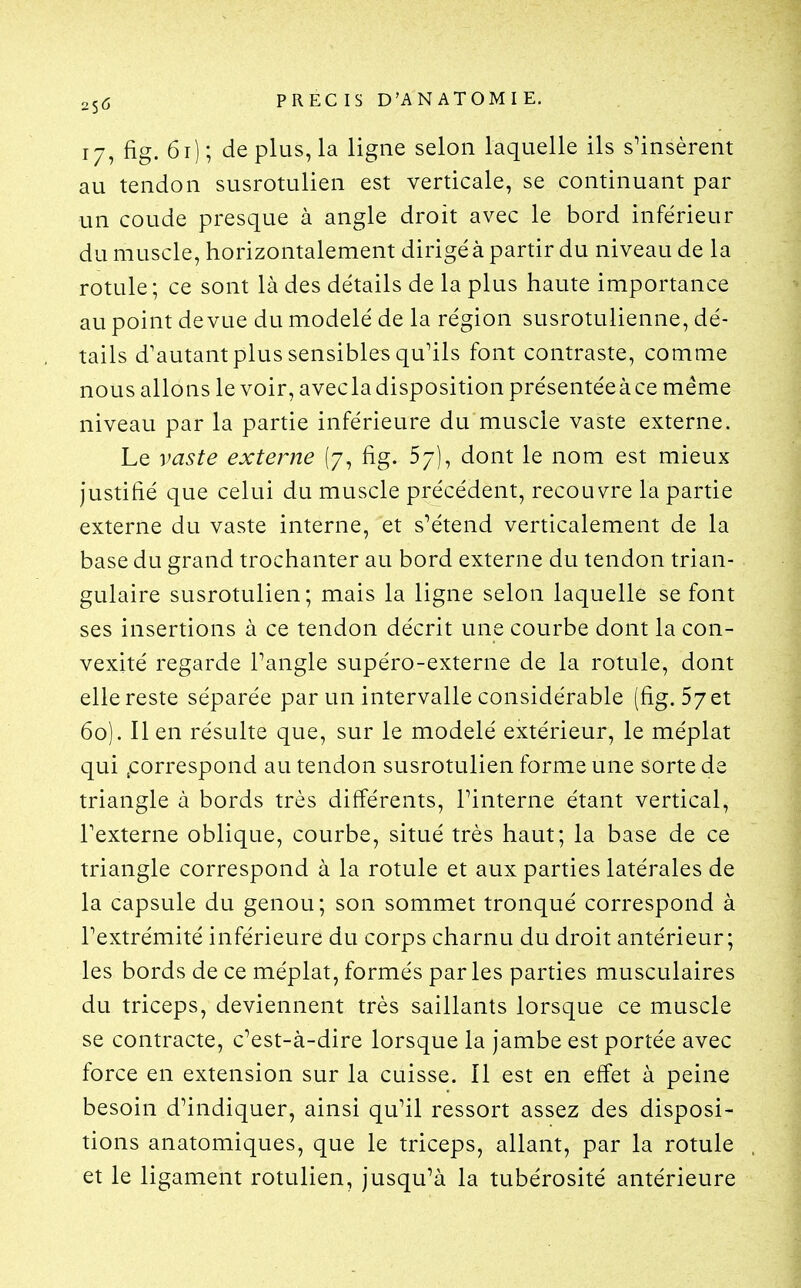 17, fig. 6t) ; de plus, la ligne selon laquelle ils s'insèrent au tendon susrotulien est verticale, se continuant par un coude presque à angle droit avec le bord inférieur du muscle, horizontalement dirigea partir du niveau de la rotule; ce sont là des détails de la plus haute importance au point de vue du modelé de la région susrotulienne, dé- tails d'autant plus sensibles qu'ils font contraste, comme nous allons le voir, avecladisposition présentéeàce même niveau par la partie inférieure du muscle vaste externe. Le vaste externe (7, fig. 57), dont le nom est mieux justifié que celui du muscle précédent, recouvre la partie externe du vaste interne, et s'étend verticalement de la base du grand trochanter au bord externe du tendon trian- gulaire susrotulien; mais la ligne selon laquelle se font ses insertions à ce tendon décrit une courbe dont la con- vexité regarde l'angle supéro-externe de la rotule, dont elle reste séparée par un intervalle considérable (fig. 57 et 60). lien résulte que, sur le modelé extérieur, le méplat qui .correspond au tendon susrotulien forme une sorte de triangle à bords très différents, l'interne étant vertical, Texterne oblique, courbe, situé très haut; la base de ce triangle correspond à la rotule et aux parties latérales de la capsule du genou; son sommet tronqué correspond à l'extrémité inférieure du corps charnu du droit antérieur; les bords de ce méplat, formés parles parties musculaires du triceps, deviennent très saillants lorsque ce muscle se contracte, c'est-à-dire lorsque la jambe est portée avec force en extension sur la cuisse. Il est en effet à peine besoin d'indiquer, ainsi qu'il ressort assez des disposi- tions anatomiques, que le triceps, allant, par la rotule et le ligament rotulien, jusqu'à la tubérosité antérieure