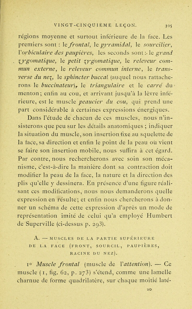 régions moyenne et surtout inférieure de la face. Les premiers sont : le frontal^ le pyramidal, le soiircilier^ V or bi cul aire des paupières, les seconds sont % le grand ^jrgomatique, le petit ^ygomatique, le releveur com- mun externe, le releveur commun interne, le trans- verse du ne^, le sphincter buccal (auquel nous rattache- rons le buccinateur)f le triangulaire et le carré du menton; enfin au cou, et arrivant jusqu^à la lèvre infé- rieure, est le muscle peaucier du cou, qui prend une part considérable à certaines expressions énergiques. Dans Tétude de chacun de ces muscles, nous n'in- sisterons que peu sur les détails anatomiques ; indiquer la situation du muscle, son insertion fixe au squelette de la face, sa direction et enfin le point de la peau où vient se faire son insertion mobile, nous suffira à cet égard. Par contre, nous rechercherons avec soin son méca- nisme, c'est-à-dire la manière dont sa contraction doit modifier la peau de la face, la nature et la direction des plis qu'elle y dessinera. En présence d'une figure réali- sant ces modifications, nous nous demanderons quelle expression en résulte; et enfin nous chercherons adon- ner un schéma de cette expression d'après un mode de représentation imité de celui qu'a employé Humbert de Superville (ci-dessus p. 293). A. MUSCLES DE LA PARTIE SUPÉRIEURE DE LA FACE (fRONT, SOURCIL, PAUPIERES, RACINE DU nez). 10 Muscle frontal (muscle de Vattention). — Ce muscle (i, fig. 62, p. 273) s'étend, comme une lamelle charnue de forme quadrilatère, sur chaque moitié laté-