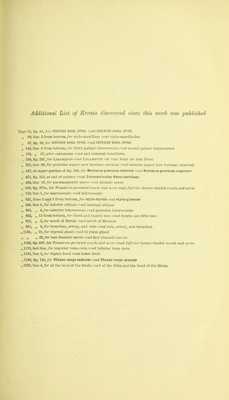 Additional List of Errata discovered since this luorh luas published Page 55, fig. 64,/or INTERIOR MASAL SPINE read ANTERIOR NASAL SPINE „ 69, line 3 from bottom,/or stylo-maxillary read stylo-maudibular „ 87,fig.92,/07'INTERIOR NASAL SPINE reat^ ANTERIOR NASAL SPINE „ 145, line 6 from bottom,/or third palmar interosseous read second palmar interosseous „ 176, „ 17, after calcaneum read and external cuneiform , 289, fig. 257,/or Ligaments itad Ligaments op the Sole of the Foot „ 323, line 29, for posterior aspect now becomes external read anterior aspect now becomes external „ 437, at upper portion of fig. 305,/or Serratus posticus inferior read Serratus posticus superior „ 471, fig. 313, at end of pointer 7-ead Interartieular fibro-cartilage „ 484, line \9.for pneumogastric nerve read phrenic nerve „ 609, fig. 370a, for Transverse perinoeal vessels and nerve read Inferior hcemorrhoidal vessels and nerve „ 743, line \,for macroscopic read microscopic „ 821, lines 3 and 5 from bottom,/or stylo-hyoid rmf? stylo-glossus „ 849, line 6,/or inferior oblique read internal oblique „ 861, „ 6,/or anterior interosseous read posterior interosseous „ 863, „ 11 from bottom,/or third and fourth toes read fourth and fifth toes „ 911, „ 3,/or notch of Rivini read notch of Rivinus „ 961, „ 9,/or bronchus, artery, and vein read vein, artery,, and bronchus ,,1136, „ 12, for thyroid gland reai th ymus gland „ „ „ 22, for last thoracic nerve read first thoracic uer ve „ 1152, fig. 697, for Transverse perinceal vess?ls ani nerve read Inferior hcemorrhoidal vessels and nerve „ 1179, last line,/or superior vena cava read inferior vena cava „ 1194, line 3,/or higher level read lower level „ 1196, fig. 740, for Plexor carpi radialis read Flexor carpi ulnaris ,,.1233, line 4,/or of the head of the fibula real of the tibia and the head of the fibula