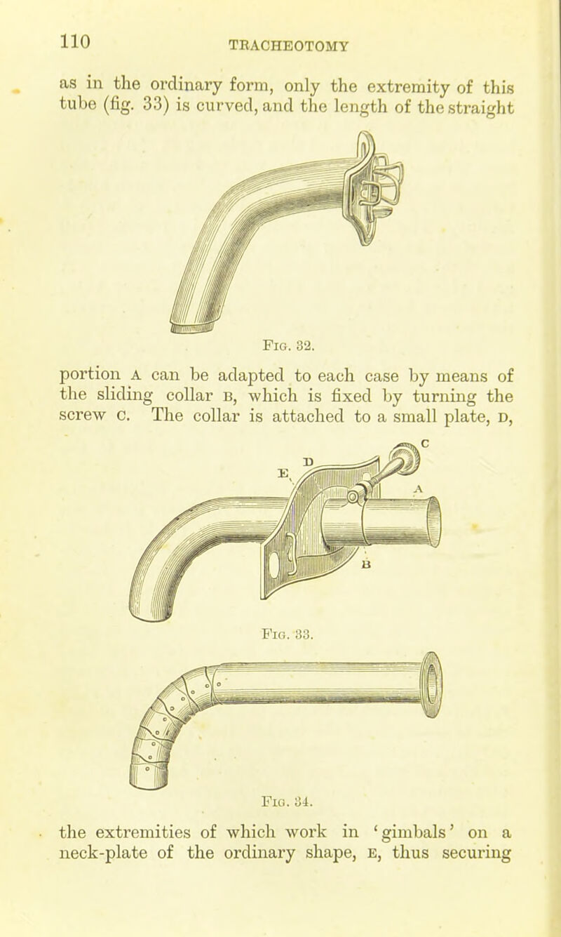 as in the ordinary form, only the extremity of this tube (fig. 33) is curved, and the length of the straight Pig. 32. portion A can be adapted to each case by means of the sliding collar b, which is fixed by turning the screw c. The collar is attached to a small plate, d. Fig. U. the extremities of which work in 'gimbals' on a neck-plate of the ordinary shape, E, thus securing