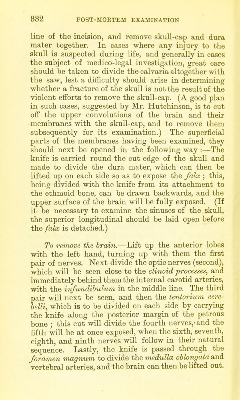 line of the incision, and remove skull-cap and dura mater together. In cases where any injury to the skull is suspected during life, and generally in cases the subject of medico-legal investigation, great care should be taken to divide the calvaria altogether with the saw, lest a difficulty should arise in determining whether a fracture of the skull is not the result of the violent effi)rts to remove the skull-cap. (A good plan in such cases, suggested by Mr. Hutchinson, is to cut off the upper convolutions of the brain and their membranes with the skull-cap, and to remove them subsequently for its examination.) The superficial parts of the membranes having been examined, they should next be opened in the following way :—The knife is carried round the cut edge of the skull and made to divide the dura mater, which can then be lifted up on each side so as to expose the falx ; this, being divided with the knife from its attachment to the ethmoid bone, can be drawn backwards, and the upper surface of the brain will be fully exposed. (If it be necessary to examine the sinuses of the skull, the superior longitudinal should be laid open before the falx is detached.) To remove the brain,—Lift up the anterior lobes with the left hand, turning up with them the first pair of nerves. Next divide the optic nerves (second), which will be seen close to the clinoid processes, and immediately behind them the internal carotid arteries, with the infundibulum in the middle line. The third pair will next be seen, and then the tentorium cere- belli, which is to be divided on each side by carrying the knife along the posterior margin of the petrous bone ; this cut will divide the fourth nerves,-and the fifth will be at once exposed, when the sixth, seventh, eighth, and ninth nerves will follow in their natural sequence. Lastly, the knife is passed through the foramen viagnum to divide the medulla oblongata and vertebral arteries, and the brain can then be lifted out.