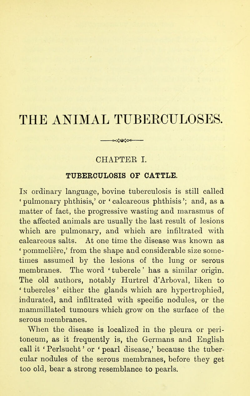 THE ANIMAL TUBERCULOSES. CHAPTEE I. TUBERCULOSIS OF CATTLE. In ordinary language, bovine tuberculosis is still called 'pulmonary phthisis,' or 'calcareous phthisis'; and, as a matter of fact, the progressive wasting and marasmus of the affected animals are usually the last result of lesions which are pulmonary, and which are infiltrated with calcareous salts. At one time the disease was known as * pommelière,' from the shape and considerable size some- times assumed by the lesions of the lung or serous membranes. The word * tubercle ' has a similar origin. The old authors, notably Hurtrel d'Arboval, liken to * tubercles ' either the glands which are hypertrophied, indurated, and infiltrated with specific nodules, or the mammillated tumours which grow on the surface of the serous membranes. When the disease is localized in the pleura or peri- toneum, as it frequently is, the Germans and English call it ' Perlsucht ' or ' pearl disease,' because the tuber- cular nodules of the serous membranes, before they get too old, bear a strong resemblance to pearls.