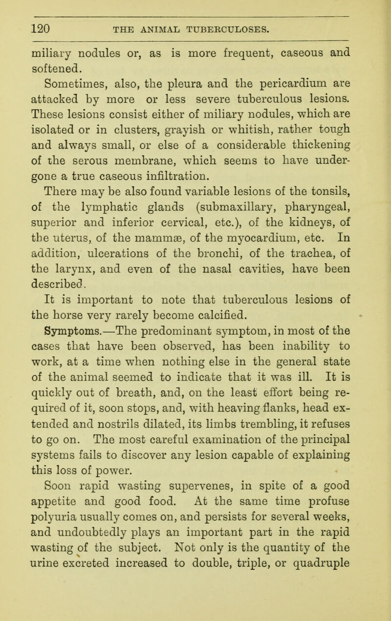 miliary nodules or, as is more frequent, caseous and softened. Sometimes, also, the pleura and the pericardium are attacked by more or less severe tuberculous lesions. These lesions consist either of miliary nodules, which are isolated or in clusters, grayish or whitish, rather tough and always small, or else of a considerable thickening of the serous membrane, which seems to have under- gone a true caseous infiltration. There may be also found variable lesions of the tonsils, of the lymphatic glands (submaxillary, pharyngeal, superior and inferior cervical, etc.), of the kidneys, of the uterus, of the mammae, of the myocardium, etc. In addition, ulcerations of the bronchi, of the trachea, of the larynx, and even of the nasal cavities, have been described. It is important to note that tuberculous lesions of the horse very rarely become calcified. Symptoms.—The predominant symptom, in most of the cases that have been observed, has been inability to work, at a time when nothing else in the general state of the animal seemed to indicate that it was ill. It is quickly out of breath, and, on the least effort being re- quired of it, soon stops, and, with heaving flanks, head ex- tended and nostrils dilated, its limbs trembling, it refuses to go on. The most careful examination of the principal systems fails to discover any lesion capable of explaining this loss of power. Soon rapid wasting supervenes, in spite of a good appetite and good food. At the same time profuse polyuria usually comes on, and persists for several weeks, and undoubtedly plays an important part in the rapid wasting of the subject. Not only is the quantity of the urine excreted increased to double, triple, or quadruple