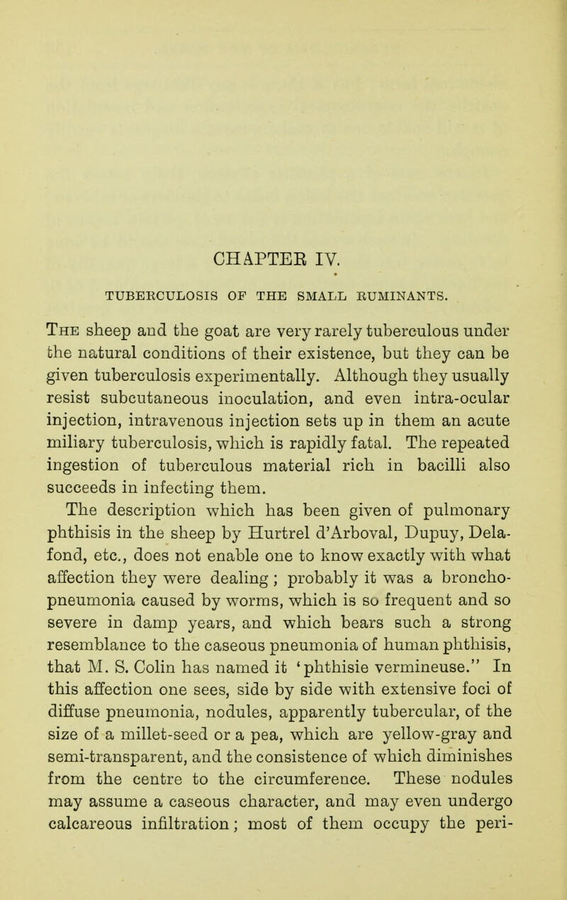 TUBEECULOSIS OF THE SMALL RUMINANTS. The sheep and the goat are very rarely tuberculous under the natural conditions of their existence, but they can be given tuberculosis experimentally. Although they usually resist subcutaneous inoculation, and even intra-ocular injection, intravenous injection sets up in them an acute miliary tuberculosis, which is rapidly fatal. The repeated ingestion of tuberculous material rich in bacilli also succeeds in infecting them. The description v^hich has been given of pulmonary phthisis in the sheep by Hurtrel d'Arboval, Dupuy, Dela- fond, etc, does not enable one to know exactly with what affection they were dealing ; probably it was a broncho- pneumonia caused by worms, which is so frequent and so severe in damp years, and which bears such a strong resemblance to the caseous pneumonia of human phthisis, that M. S. Colin has named it 'phthisie vermineuse. In this affection one sees, side by side with extensive foci of diffuse pneumonia, nodules, apparently tubercular, of the size of a millet-seed or a pea, which are yellow-gray and semi-transparent, and the consistence of which diminishes from the centre to the circumference. These nodules may assume a caseous character, and may even undergo calcareous infiltration ; most of them occupy the peri-