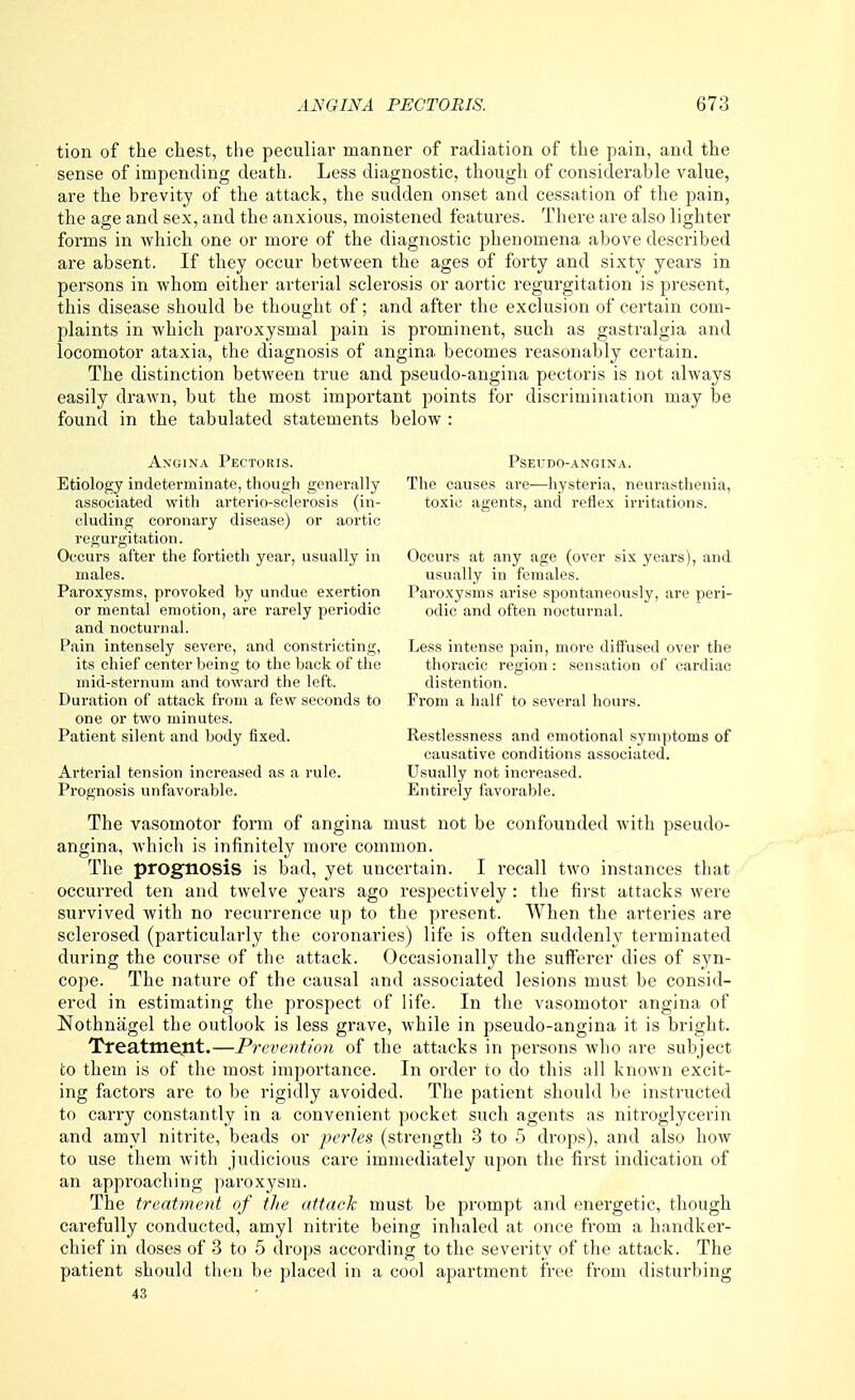 tion of the chest, the peculiar manner of radiation of the pain, and the sense of impending death. Less diagnostic, though of considerable value, are the brevity of the attack, the sudden onset and cessation of the pain, the age and sex, and the anxious, moistened features. There are also lighter forms in which one or more of the diagnostic phenomena above described are absent. If they occur between the ages of forty and sixty years in persons in whom either arterial sclerosis or aortic regurgitation is present, this disease should be thought of; and after the exclusion of certain com- plaints in which paroxysmal pain is prominent, such as gastralgia and locomotor ataxia, the diagnosis of angina becomes reasonably certain. The distinction between true and pseudo-angina pectoris is not always easily drawn, but the most important points for discrimination may be found in the tabulated statements below : Angina Pectoris. Etiology indeterminate, though generally associated with arterio-sclerosis (in- cluding coronary disease) or aortic regurgitation. Occurs after the fortieth year, usually in males. Paroxysms, provoked by undue exertion or mental emotion, are rarely periodic and nocturnal. Pain intensely severe, and constricting, its chief center being to the back of the mid-sternum and toward the left. Duration of attack from a few seconds to one or two minutes. Patient silent and body fixed. Arterial tension increased as a rule. Prognosis unfavorable. Pseudo-angina. The causes are-—hystei'ia, neurasthenia, toxic agents, and reflex irritations. Occurs at any age (over six years), and usually in females. Paroxysms arise spontaneously, are peri- odic and often nocturnal. Less intense pain, more diffused over the thoracic region: sensation of cardiac distention. From a half to several hours. Restlessness and emotional symptoms of causative conditions associated. Usually not increased. Entirely favorable. The vasomotor form of angina must not be confounded with pseudo- angina, which is infinitely more common. The prognosis is bad, yet uncertain. I recall two instances that occurred ten and twelve years ago respectively : the first attacks were survived with no recurrence up to the present. When the ai'teries are sclerosed (particularly the coronaries) life is often suddenly terminated during the course of the attack. Occasionally the sufferer dies of syn- cope. The nature of the causal and associated lesions must be consid- ered in estimating the prospect of life. In the vasomotor angina of Nothnagel the outlook is less grave, while in pseudo-angina it is bright. Treatmejlt.—Prevention of the attacks in persons who are subject CO them is of the most importance. In order to do this all known excit- ing factors are to be rigidly avoided. The patient should be instructed to carry constantly in a convenient pocket such agents as nitroglycerin and amyl nitrite, beads or perles (strength 8 to 5 drops), and also how to use them with judicious care immediately upon the first indication of an approaching paroxysm. The treatment of the attack must be prompt and energetic, though carefully conducted, amyl nitrite being inhaled at once from a handker- chief in doses of 3 to 5 drops according to the severity of the attack. The patient should then be placed in a cool apartment free from disturbing 43