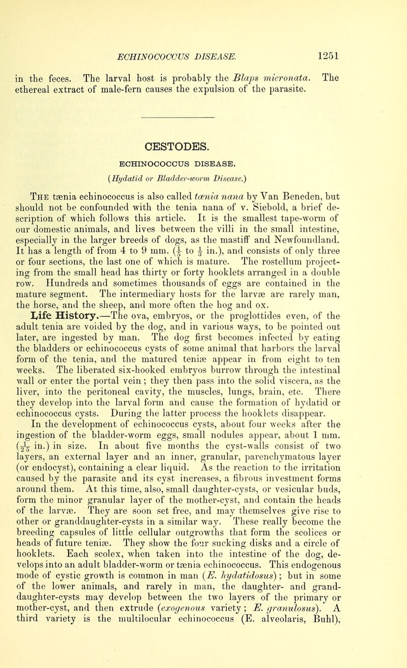 in the feces. The larval host is probably the Blaps micronata. The ethereal extract of male-fern causes the expulsion of the parasite. CESTODES. ECHINOCOCCUS DISEASE. [Hydatid or Bladder-worm Disease.) The taenia echinococcus is also called tceiiia nana by Van Beneden, but should not be confounded with the tenia nana of v. Siebold, a brief de- scription of which follows this article. It is the smallest tape-worm of our domestic animals, and lives between the villi in the small intestine, especially in the larger breeds of dogs, as the mastilf and Newfoundland. It has a length of from 4 to 9 mm. to \ in.), and consists of only three or four sections, the last one of which is mature. The rostellum pi'oject- ing from the small head has thirty or forty booklets arranged in a double row. Hundreds and sometimes thousands of eggs are contained in the mature segment. The intermediary hosts for the larvae are rarely man, the horse, and the sheep, and more often the hog and ox. I<ife History.—The ova, embryos, or the proglottides even, of the adult tenia are voided by the dog, and in various ways, to be pointed out later, are ingested by man. The dog first becomes infected by eating the bladders or echinococcus cysts of some animal that harbors the larval form of the tenia, and the matured tenite appear in from eight to ten weeks. The liberated six-hooked embryos buiTow through the intestinal wall or enter the portal vein; they then pass into the solid viscera, as the liver, into the peritoneal cavity, the muscles, lungs, brain, etc. There they develop into the larval form and cause the formation of hydatid or echinococcus cysts. During the latter process the booklets disappear. In the development of echinococcus cysts, about four weeks after the ingestion of the bladder-worm eggs, small nodules appear, about 1 mm. (•gJg in.) in size. In about five months the cyst-walls consist of two layers, an external layer and an inner, granular, parenchymatous layer (or endocyst), containing a clear liquid. As the reaction to the irritation caused by the parasite and its cyst increases, a fibrous investment forms around them. At this time, also, small daughter-cysts, or vesicular buds, form the minor granular layer of the mother-cyst, and contain the heads of the larvae. They are soon set free, and may themselves give rise to other or granddaughter-cysts in a similar way. These really become the breeding capsules of little cellular outgrowths that form the scolices or heads of future teniae. They show the four sucking disks and a circle of booklets. Each scolex, when taken into the intestine of the dog, de- velops into an adult bladder-worm or taenia echinococcus. This endogenous mode of cystic growth is common in man {IE. hydatidosus); but in some of the lower animals, and rarely in man, the daughter- and grand- daughter-cysts may develop between the two layei's of the primary or mother-cyst, and then exirnAQ {exogenous variety; E. firanulosus). A third variety is the multilocular echinococcus (E. alveolaris, Buhl),