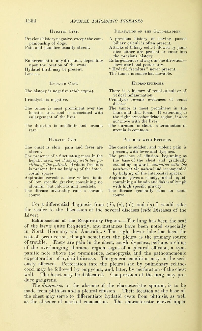 Hydatid Cyst. Previous history negative, except the com- panionship of dogs. Pain and jaundice usually absent. Enlargement in any direction, depending upon the location of the cysts. Hydatid thrill may be present. Less so. Hydatid Cyst. The history is negative {vide supra). Urinalysis is negative. The tumor is most prominent over the hepatic area, and is associated with enlargement of the liver. The duration is indefinite and uremia rare. Hydatid Cyst. The onset is slow; pain and fever are absent. The presence of a fluctuating mass in the hepatic area, not changing with the po- sition of the patient. Hydatid fremitus is present, but no bulging of the inter- costal spaces. Aspiration reveals a clear yellow liquid of low specific gravity, containing no albumin, but chlorids and booklets. The disease invariably runs a chronic course. Dilatation of the Gall-bladder. A previous history of having passed biliary calculi is often present. Attacks of biliary colic followed by jaun- dice either are present or enter into the previous history. Enlargement is always in one direction— downward and posteriorly. Hydatid fremitus never present. The tumor is somewhat movable. Hydroneph rosis. There is a history of renal calculi or of vesical inflammation. Urinalysis reveals evidences of renal disease. The tumor is most prominent in the flank and iliac fossa. If extending to the right hypochondriac region, it does not move with the liver. The duration is short; a termination in uremia is common. Pleurisy with Effusion. The onset is sudden, and violent pain is present, with fever and dyspnea. The presence of efiusion, beginning at the base of the chest and gradually extending upward—changing ivith the position of the patient and accompanied by bulging of the intercostal spaces. Aspiration gives a cloudy, turbid liquid, containing albumin and flakes of lymph with high specific gravity. The disease generally runs an acute course. For a differential diagnosis from (c?), (e), (/), and {g) I would refer the reader to the discussion of the several diseases {vide Diseases of the Liver). Echinococcus of the Respiratory Organs.—The lung has been the seat of the larvae quite frequently, and instances have been noted especially in North Germany and Australia. » The right lower lobe has been the seat of predilection, though sometimes the pleura is the primary source of trouble. There are pain in the chest, cough, dypsnea, perhaps arching of the overhanging thoracic region, signs of a pleural effusion, a tym- panitic note above the prominence, hemoptysis, and the pathognomonic expectoration of hydatid disease. The general condition may not be seri- ously affected. Perforation into the pleural sac by pulmonary echino- cocci may be followed by empyema, and, later, by perforation of the chest wall. The heart may be dislocated. Compression of the lung may pro- duce gangrene. The diagnosis, in the absence of the characteristic sputum, is to be made from phthisis and a pleural effusion. Their location at the base of the chest may serve to differentiate hydatid cysts from phthisis, as well as the absence of marked emaciation. The characteristic curved upper