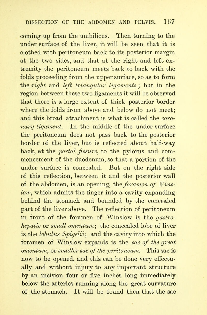 coming up from the umbilicus. Then turning to the under surface of the liver, it will be seen that it is clothed with peritoneum back to its posterior margin at the two sides, and that at the right and left ex- tremity the peritoneum meets back to back with the folds proceeding from the upper surface, so as to form the right and left triangular ligaments ; but in the region between these two ligaments it will be observed that there is a large extent of thick posterior border where the folds from above and below do not meet; and this broad attachment is what is called the coro- nary ligament. In the middle of the under surface the peritoneum does not pass back to the posterior border of the liver, but is reflected about half-way back, at the portal fissure^ to the pylorus and com- mencement of the duodenum, so that a portion of the under surface is concealed. But on the right side of this reflection, between it and the posterior wall of the abdomen, is an opening, the foramen of Wins- low, which admits the finger into a cavity expanding behind the stomach and bounded by the concealed part of the liver above. The reflection of peritoneum in front of the foramen of Winslow is the gastro- hepatic or small omentum] the concealed lobe of liver is the lohulus Spigelii; and the cavity into which the foramen of Winslow expands is the sac of the great omentum, or smaller sac of the peritoneum. This sac is now to be opened, and this can be done very efiectu- ally and without injury to any important structure by an incision four or five inches long immediately below the arteries running along the great curvature of the stomach. It will be found then that the sac