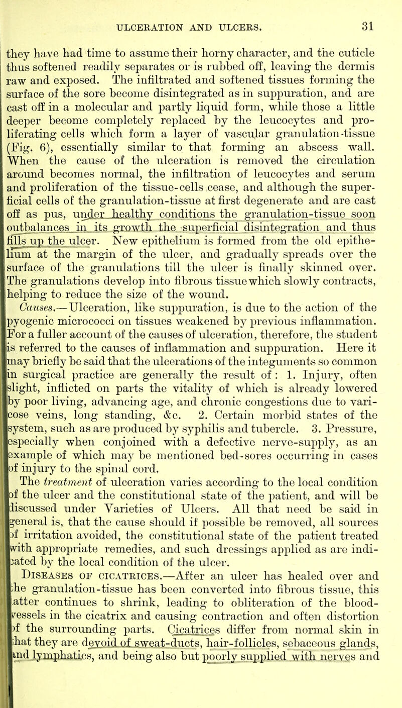 they have had time to assume their horny character, and the cuticle thus softened readily separates or is rubbed off, leaving the dermis raw and exposed. The infiltrated and softened tissues forming the surface of the sore become disintegrated as in su2)puration, and are cast off in a molecular and partly liquid form, while those a little deeper become completely replaced by the leucocytes and pro- liferating cells which form a layer of vascular granulation-tissue (Fig. 6), essentially similar to that forming an abscess wall. When the cause of the ulceration is removed the circulation around becomes normal, the infiltration of leucocytes and serum and proliferation of the tissue-cells cease, and although the super- ficial cells of the granulation-tissue at first degenerate and are cast off as pus, underJiealthy conditions the granulation-tissue soon ourt)alances in its growth the superficial disintegration and thus fills up the ulcer. New epithelium is formed from the old epithe- ilium at the margin of the ulcer, and gradually spreads over the isurface of the granulations till the ulcer is finally skinned over. 'The granulations develop into fibrous tissue which slowly contracts, helping to reduce the size of the wound. Causes.—Ulceration, like suppuration, is due to the action of the ipyogenic micrococci on tissues weakened by previous inflammation. For a fuller account of the causes of ulceration, therefore, the student is referred to the causes of inflammation and suppuration. Here it may briefly be said that the ulcerations of the integuments so common in surgical practice are generally the result of : 1. Injury, often slight, inflicted on parts the vitality of which is already lowered by poor living, advancing age, and chronic congestions due to vari- cose veins, long standing, &c. 2. Certain morbid states of the system, such as are produced by syphilis and tubercle. 3. Pressure, especially when conjoined with a defective nerve-supply, as an example of which may be mentioned bed-sores occurring in cases of injury to the spinal cord. The treatment of ulceration varies according to the local condition of the ulcer and the constitutional state of the jmtient, and will be discussed under Varieties of Ulcers. All that need be said in general is, that the cause should if possible be removed, all sources 3f irritation avoided, the constitutional state of the patient treated with, appropriate remedies, and such dressings applied as are indi- cated by the local condition of the ulcer. Diseases of cicatrices.—After an ulcer has healed over and 'Aie granulation-tissue has been converted into fibrous tissue, this atter continues to shrink, leading to obliteration of the blood- v^essels in the cicatrix and causing contraction and often distortion )f the surrounding parts. Cicatrices differ from normal skin in ;hat they are deyoid oi s\\^eat-ducts, hair-follicles, sebaceous glands, ind lymphatics, and being also but p^rly supplied with nerves and