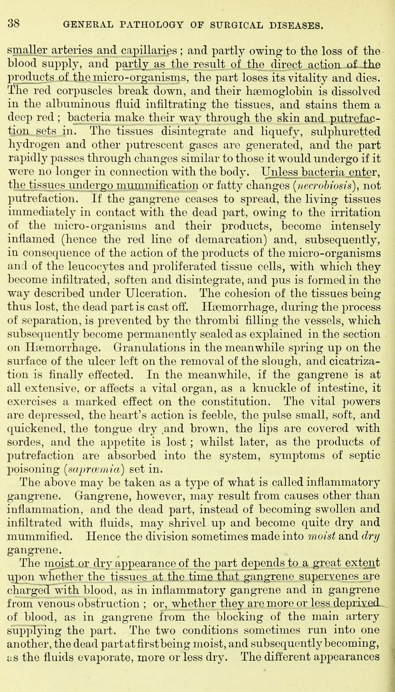 spaaller arteries and capillaries; and partly owing to the loss of the blood supply, and partly as the result of the direct action of the products of the micro-organisms, the part loses its vitality and dies. The red corpuscles break down, and their haemoglobin is dissolved in the albuminous fluid infiltrating the tissues, and stains them a deep red ; bacteria make their way through the skin and putrefaj3- tiao, sets in. The tissues disintegrate and liquefy, sulphuretted hydrogen and other putrescent gases are generated, and the part rapidly passes through changes similar to those it would undergo if it were no longer in connection with the body. Unless bacteria enter, the tissues undergo mummification or fatty changes {necrohiosis), not putrefaction. If the gangrene ceases to spread, the living tissues immediately in contact with the dead jjart, owing to the irritation of the micro-organisms and their products, become intensely inflamed (hence the red line of demarcation) and, subsequently, in consequence of the action of the products of the micro-organisms and of the leucocytes and proliferated tissue cells, with which they become infiltrated, soften and disintegrate, and pus is formed in the way described under Ulceration. The cohesion of the tissues being thus lost, the dead part is cast off. Haemorrhage, during the process of separation, is prevented by the thrombi filling the vessels, which subsequently become permanently sealed as explained in the section on Haemorrhage. Granulations in the meanwhile spring up on the surface of the ulcer left on the removal of the slough, and cicatriza- tion is finally efitected. In the meanwhile, if the gangrene is at all extensive, or affects a vital organ, as a knuckle of intestine, it exercises a marked effect on the constitution. The vital powers are depressed, the heart's action is feeble, the pulse small, soft, and quickened, the tongue dry ,and brown, the lips are covered with sordes, and the appetite is lost; whilst later, as the products of putrefaction are absorbed into the system, symptoms of septic poisoning [saprcemia) set in. The above may be taken as a type of what is called inflammatory gangrene. Gangrene, however, may result from causes other than inflammation, and the dead part, instead of becoming swollen and infiltrated with fluids, may shrivel up and become quite dry and mummified. Hence the division sometimes made into moist and dry gangrene. The moist or dry appearance of the part depends to a great extent upon whether the tissues at the time that gangrene supervenes are charged with blood, as in inflammatory gangrene and in gangrene from venous obstruction ; or, whether they are more or less deprivei^ of blood, as in gangrene from the blocking of the main artery supi51ying the part. The two conditions sometimes run into one another, the dead part at first being moist, and subsequently becoming, as the fluids evaj)orate, more or less dry. The different appearances