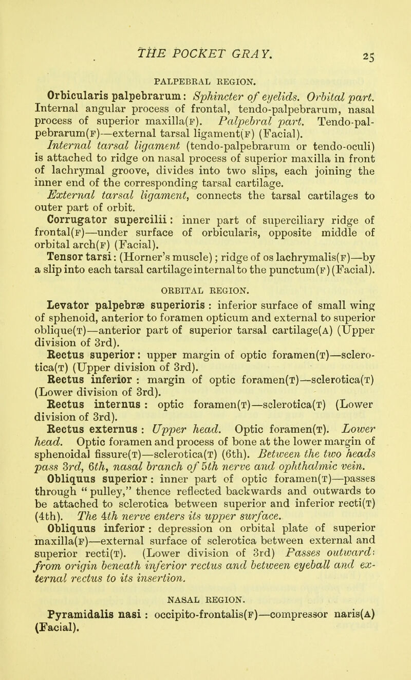 PALPEBEAL REGION. Orbicularis palpebrarum: Sphincter of eyelids. Orbital part. Internal angular process of frontal, tendo-palpebraruno, nasal process of superior niaxilla(F). Palpebral part. Tendo-pal- pebrarum(F)—external tarsal ligament(p) (Facial). Internal tarsal ligament (tendo-palpebrarum or tendo-oculi) is attached to ridge on nasal process of superior maxilla in front of lachrymal groove, divides into two slips, each joining the inner end of the corresponding tarsal cartilage. External tarsal ligament, connects the tarsal cartilages to outer part of orbit. Corrugator supercilii: inner part of superciliary ridge of frontal(p)—under surface of orbicularis, opposite middle of orbital arch(F) (Facial). Tensor tarsi: (Horner's muscle); ridge of os lachrymalis(F)—by a slip into each tarsal cartilage internal to the punctum(F) (Facial). ORBITAL REGION. Levator palpebrse superioris : inferior surface of small wing of sphenoid, anterior to foramen opticum and external to superior oblique(T)—anterior part of superior tarsal cartilage(A) (Upper division of 3rd). Rectus superior: upper margin of optic foramen(T)—sclero- tica(T) (Upper division of 3rd). Rectus inferior : margin of optic foramen(T)—sclerotica(T) (Lower division of 3rd). Rectus internus : optic foramen(T)—sclerotica(T) (Lower division of 3rd). Rectus externus : U'pper head. Optic foramen(T). Lower head. Optic foramen and process of bone at the lower margin of sphenoidal fissure(T)—sclerotica(T) (6th). Between the two heads pass Srd, Qth, nasal branch of 6th nerve and ophthalmic vein. Obliquus superior: inner part of optic foramen(T)—passes through  pulley, thence reflected backwards and outwards to be attached to sclerotica between superior and inferior recti(T) (4th). The ith nerve enters its upper surface. Obliquus inferior : depression on orbital plate of superior maxilla(F)—external surface of sclerotica between external and superior recti(T). (Lower division of 3rd) Passes outwards from origin beneath inferior rectus and between eyeball and ex- ternal rectus to its insertion. NASAL REGION. Pyramidalis nasi : occipito-frontalis(F)—compressor naris(A) (Facial).