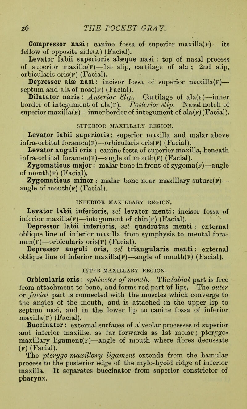 Compressor nasi: canine fossa of superior maxilla(F) — its fellow of opposite side(A) (Facial). Levator labii superioris alaeque nasi : top of nasal process of superior maxilla(F)—1st slip, cartilage of ala ; 2nd slip, orbicularis oris(F) (Facial). Depressor alae nasi: incisor fossa of superior niaxilla(F)— septum and ala of nose(F) (Facial). Dilatator naris : Anterior Slip. Cartilage of ala(F)—inner border of integument of ala(F). Posterior slip. Nasal notch of superior maxilla(F)—innerborder of integument of ala(F) (Facial). SUPERIOR MAXILLARY REGION. Levator labii superioris: superior maxilla and malar above infra-orbital foramen(F)—orbicularis oris(F) (Facial). Levator anguli oris : canine fossa of superior maxilla, beneath infra-orbital foramen(F)—angle of mouth(F) (Facial). Zygomaticus major: malar bone in front of zygoma(F)—angle of mouth(F) (Facial). Zygomaticus minor : malar bone near maxillary suture(p)— angle of mouth(f) (Facial). INFERIOR MAXILLARY REGION. Levator labii inferioris, vel levator menti: incisor fossa of inferior maxilla(F)—integument of chin(F) (Facial). ^ Depressor labii inferioris, vel quadratus menti: external oblique line of inferior maxilla from symphysis to mental fora- men(F)—orbicularis oris(F) (Facial). Depressor anguli oris, vel triangularis menti: external oblique line of inferior maxilla(F)—angle of mouth(F) (Facial). INTER-MAXILLARY REGION. Orbicularis oris : sphincter of mouth. The labial part is free from attachment to bone, and forms red part 'of lips. The outer or facial part is connected with the muscles which converge to the angles of the mouth, and is attached in the upper lip to septum nasi, and in the lower lip to canine fossa of inferior maxilla(F) (Facial). Buccinator : external surfaces of alveolar processes of superior and inferior maxillse, as far forwards as 1st molar ; pterygo- maxillary ligament(F)—angle of mouth where fibres decussate (f) (Facial). The ptery go-maxillary ligament extends from the hamular process to the posterior edge of the mylo-hyoid ridge of inferior maxilla. It separates buccinator from superior constrictor of pharynx.