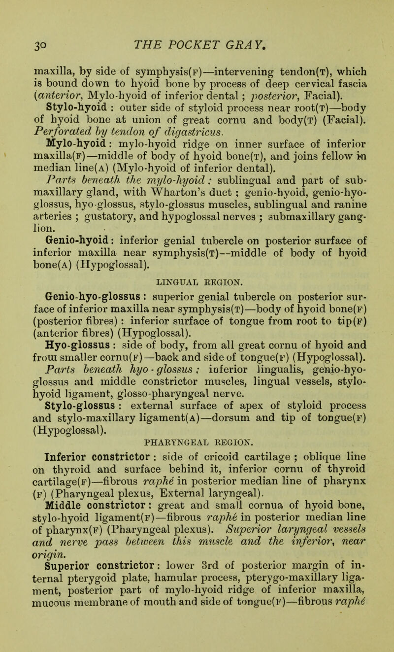 maxilla, by side of symphysis(p)—intervening tendon(T), which is bound down to hyoid bone by process of deep cervical fascia [anterior, Mylo-hyoid of inferior dental; posterior, Facial). Stylo-hyoid : outer side of styloid process near root(T)—body of hyoid bone at union of great cornu and body(T) (Facial). Perforated by tendon of digastriciis. Mylo-hyoid: mylo-hyoid ridge on inner surface of inferior maxilla(F)—middle of body of hyoid bone(T), and joins fellow m median line(A) (Mylo-hyoid of inferior dental). Parts beneath the mylo-hyoid: sublingual and part of sub- maxillary gland, with Wharton's duct ; genio-hyoid, genio-hyo- glossus, hyo-glossus, stylo-glossus muscles, sublingual and ranine arteries ; gustatory, and hypoglossal nerves ; submaxillary gang- lion. Genio-hyoid: inferior genial tubercle on posterior surface of inferior maxilla near symphysis(T)—middle of body of hyoid bone(A) (Hypoglossal). LINGUAL REGION. Genio-hyo-glossus : superior genial tubercle on posterior sur- face of inferior maxilla near symphysis(T)—body of hyoid bone(F) (posterior fibres) : inferior surface of tongue from root to tip(F) (anterior fibres) (Hypoglossal). Hyo-glossus : side of body, from all great cornu of hyoid and from smaller cornu(F)—back and side of tongue(F) (Hypoglossal). Parts beneath hyo ■ glossus: inferior lingualis, genio-hyo- glossus and middle constrictor muscles, lingual vessels, stylo- hyoid ligament, glosso-pharyngeal nerve. Stylo-glossus : external surface of apex of styloid process and stylo-maxillary ligament(A)—dorsum and tip of toDgue(F) (Hypoglossal). PHARYNGEAL REGION. Inferior constrictor : side of cricoid cartilage ; oblique line on thyroid and surface behind it, inferior cornu of thyroid cartilage(F)—fibrous raphe in posterior median line of pharynx (f) (Pharyngeal plexus, External laryngeal). Middle constrictor: great and small cornua of hyoid bone, stylo-hyoid ligament(F)—fibrous raphe in posterior median line of pharynx(F) (Pharyngeal plexus). Superior laryngeal vessels and nerve pass between this muscle and the inferior^ near origin. Superior constrictor: lower 3rd of posterior margin of in- ternal pterygoid plate, hamular process, pterygo-maxillary liga- ment, posterior part of mylo-hyoid ridge of inferior maxilla, mucous membrane of mouth and side of tongue(F)—fibrous raphe