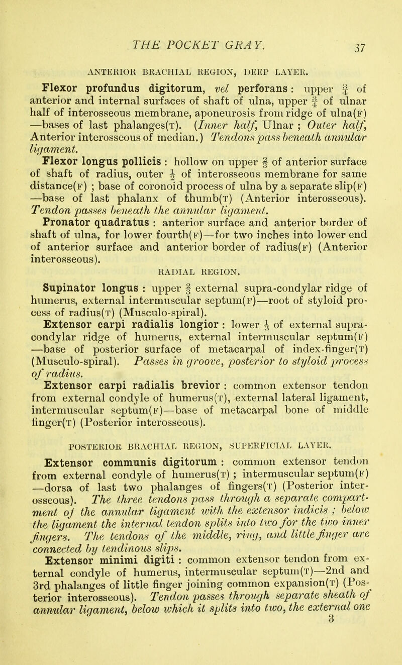 ANTEKIOK BRACHIAL REGION, DEEP LAYER. Flexor profundus digitorum, vel perforans: upper of anterior and internal surfaces of shaft of ulna, upper J of ulnar half of interosseous membrane, aponeurosis from ridge of ulna(F) —bases of last phalanges(T). {Inner half, Ulnar ; Outer half, Anterior interosseous of median.) Tendons pass beneath annular ligament. Flexor longus pollicis : hollow on upper § of anterior surface of shaft of radius, outer ^ of interosseous membrane for same distance(F) ; base of coronoid process of ulna by a separate slip(E) —base of last phalanx of thumb(T) (Anterior interosseous). Tendon passes beneath the annidar ligament. Pronator quadratus : anterior surface and anterior border of shaft of ulna, for lower fourth{F)—for two inches into lower end of anterior surface and anterior border of radius(F) (Anterior interosseous). RADIAL REGION. Supinator longus : upper § external supra-condylar ridge of himierus, external intermuscular septum(F)—root of styloid pro- cess of radius(T) (Musculo-spiral). Extensor carpi radialis longior : lower J of external supra- condylar ridge of humerus, external intermuscular septum(F) —base of posterior surface of metacarpal of index-finger(T) (Musculo-spiral). Passes in groove, jjosterior to styloid j^t'ocess of radius. Extensor carpi radialis brevior : common extensor tendon from external condyle of humerus(T), external lateral ligament, intermuscular septum(F)—base of metacarpal bone of middle finger(T) (Posterior interosseous). POSTERIOR BRACHIAL REGION, SUPERFICIAL LAYER. Extensor communis digitorum : common extensor tendon from external condyle of humerus(T) ; intermuscular septum(F) —dorsa of last two phalanges of fingers(T) (Posterior inter- osseous). The three tendons pass through a separate compart- ment oj the annular ligament with the extensor indicis ; below the ligament the internal tendon splits into ticofor the two inner fingers. The tendons of the middle, ring, and little finger are connected by tendinous slips. Extensor minimi digiti : common extensor tendon from ex- ternal condyle of humerus, intermuscular septum(T)—2nd and 3rd phalanges of little finger joining common expansion(T) (Pos- terior interosseous). Tendon passes through separate sheath of annular ligament, below which it splits into two, the external one