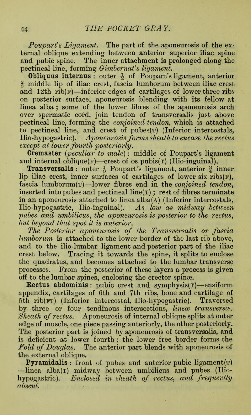 Powpart's Ligament. The part of the aponeurosis of the ex- ternal oblique extending between anterior superior iliac spine and pubic spine. The inner attachment is prolonged along the pectineal line, forming Gimbernafs ligament. Obliquus internus : outer J of Poupart's ligament, anterior § middle lip of iliac crest, fascia lumborum between iliac crest and 12th rib(F)—inferior edges of cartilages of lower three ribs on posterior surface, aponeurosis blending with its fellow at linea alba ; some of the lower fibres of the aponeurosis arch over spermatic cotd, join tendon of transversalis just above pectineal line, forming the conjoined tendon, which is attached to pectineal line, and crest of pubes(T) (Inferior intercostals, Ilio-hypogastric). Aponeurosis forms sheath to encase the rectus except at lower fourth posteriorly. Cremaster {peculiar to male): middle of Poupart's ligament and internal oblique(F)—crest of os pubis(T) (Ilio-inguinal). Transversalis : outer J Poupart's ligament, anterior J inner lip iliac crest, inner surfaces of cartilages of lower six ribs(F), fascia lumborum(T)—lower fibres end in the conjoined tendon, inserted into pubes and pectineal line(T); rest of fibres terminate in an aponeurosis attached to linea alba(A) (Inferior intercostals, Ilio-hypogastric, Ilio-inguinal). As low as midway between pubes and umbilicus, the aponeurosis is posterior to the rectus, but beyond that spot it is anterior. The Posterior aponeurosis of the Transversalis or fascia lumborum is attached to the lower border of the last rib above, and to the ilio-lumbar ligament and posterior part of the iliac crest below. Tracing it towards the spine, it splits to enclose the quadratus, and becomes attached to the lumbar transverse processes. From the posterior of these layers a process is given off to the lumbar spines, enclosing the erector spinas. Kectus abdominis : pubic crest and symphysis(T)—ensiform appendix, cartilages of 6th and 7th ribs, bone and cartilage of 5th rib(FT) (Inferior intercostal, Ilio-hypogastric). Traversed by three or four tendinous intersections, lineoi transversa}. Sheath of rectus. Aponeurosis of internal oblique splits at outer edge of muscle, one piece passing anteriorly, the other posteriorly. The posterior part is joined by aponeurosis of transversalis, and is deficient at lower fourth ; the lower free border forms the Fold of Douglas. The anterior part blends with aponeurosis of the external oblique. Pyramidalis : front of pubes and anterior pubic ligament(T) —linea alba(T) midway between umbilicus and pubes (Ilio- hypogastric). Enclosed in sheath of rectiis, and frequently absent.
