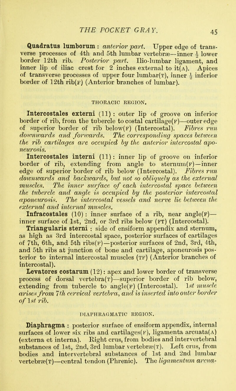 Quadratus lumborum : anterior part. Upper edge of trans- verse processes of 4th and 5th lumbar vertebrae—inner J lower border 12th rib. Posterior part. Ilio-lumbar ligament, and inner lip of iliac crest for 2 inches external to it(A). Apices of transverse processes of upper four lumbar(T), inner ^ inferior border of 12th rib(i') (Anterior branches of lumbar). THORACIC REGION. Intercostales externi (11) : outer lip of groove on inferior border of rib, from the tubercle to costal cartilage(F)—outer edge of superior border of rib below(F) (Intercostal). Fibres run downuiards and forwards. The corresponding spaces betiveen the rib cartilages are occupied by the anterior iiitercostal apo- neurosis. Intercostales interni (11): inner lip of groove on inferior border of rib, extending from angle to sternum(F)—inner edge of superior border of rib below (Intercostal). Fibres run downwards and backwards, but not so obliquely as the external muscles. The inner surface of each intercostal space between the tubercle and angle is occupied by the posterior intercostal aponeurosis. The intercostal vessels and nerve lie between the external and internal muscles. Infracostales (10) : inner surface of a rib, near angle(F)— inner surface of 1st, 2nd, or 3rd ribs below (ft) (Intercostal). Triangularis sterni : side of ensiform appendix and sternum, as high as 3rd intercostal space, posterior surfaces of cartilages of 7th, 6th, and 5th ribs(F)—posterior surfaces of 2nd, 3rd, 4th, and 5th ribs at junction of bone and cartilage, aponeurosis pos- terior to internal intercostal muscles (tf) (Anterior branches of intercostal). Leva tores cos tar urn (12): apex and lower border of transverse process of dorsal vertebra(T)—superior border of rib below, extending from tubercle to angle(F) (Intercostal). 1st muscle arises from 7 th cervical vertebra, and is inserted into outer border of 1st rib. DIAPHRAGMATIC REGION. Diaphragma : posterior surface of ensiform appendix, internal surfaces of lower six ribs and cartilages(F), ligamenta arcuata(A) (externa et interna). Right crus, from bodies and intervertebral substances of 1st, 2nd, 3rd lumbar vertebr8e(T). Left crus, from bodies and intervertebral substances of 1st and 2nd lumbar vertebr3e(T)—central tendon (Phrenic). The ligamentum arena-