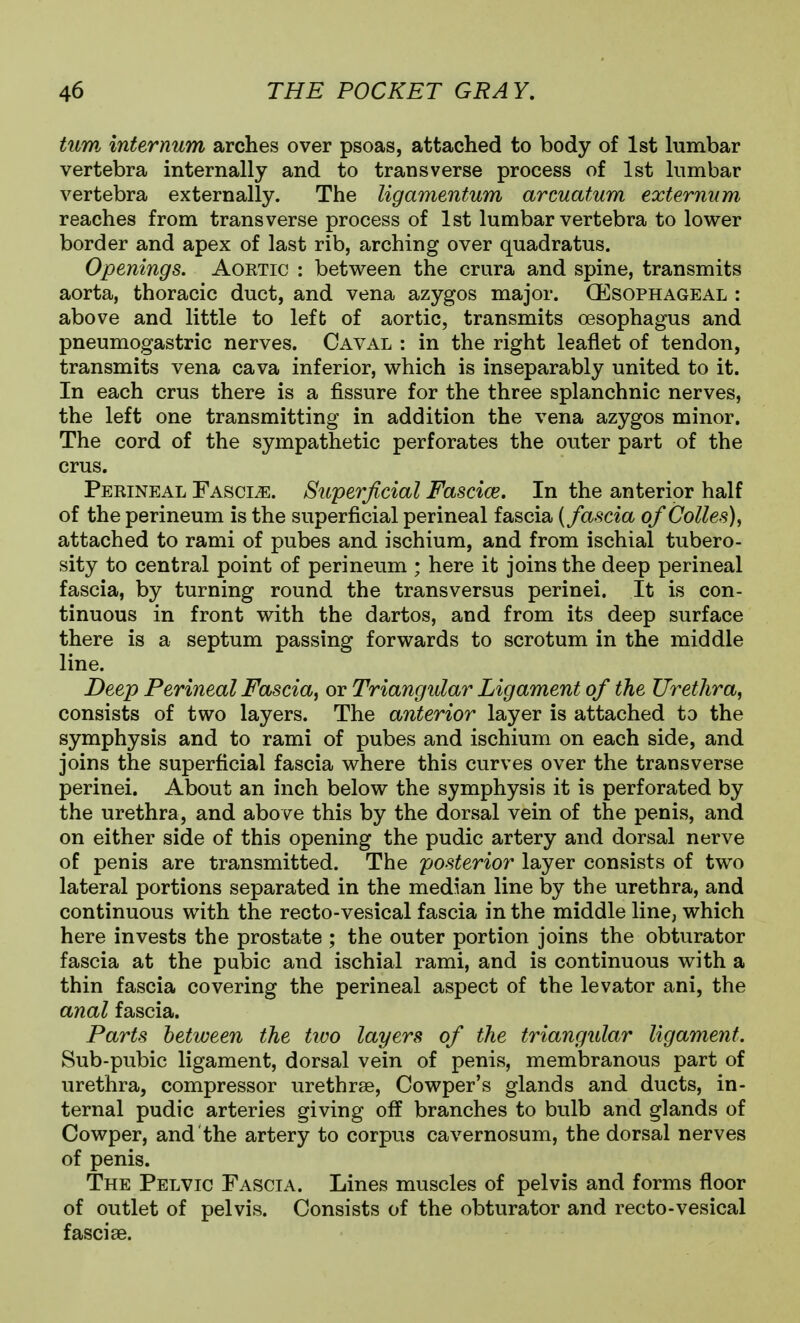 turn internum arches over psoas, attached to body of 1st lumbar vertebra internally and to transverse process of 1st lumbar vertebra externally. The ligamentum arcuatum externum reaches from transverse process of 1st lumbar vertebra to lower border and apex of last rib, arching over quadratus. Openings. Aortic : between the crura and spine, transmits aorta, thoracic duct, and vena azygos major. (Esophageal : above and little to left of aortic, transmits esophagus and pneumogastric nerves. Caval : in the right leaflet of tendon, transmits vena cava inferior, which is inseparably united to it. In each crus there is a fissure for the three splanchnic nerves, the left one transmitting in addition the vena azygos minor. The cord of the sympathetic perforates the outer part of the crus. Perineal Fascia. Superficial Fascice. In the anterior half of the perineum is the superficial perineal fascia (fascia of CoUes), attached to rami of pubes and ischium, and from ischial tubero- sity to central point of perineum ; here it joins the deep perineal fascia, by turning round the transversus perinei. It is con- tinuous in front with the dartos, and from its deep surface there is a septum passing forwards to scrotum in the middle line. Deep Perineal Fascia^ ov Triangular Ligament of the Urethra, consists of two layers. The anterior layer is attached to the symphysis and to rami of pubes and ischium on each side, and joins the superficial fascia where this curves over the transverse perinei. About an inch below the symphysis it is perforated by the urethra, and above this by the dorsal vein of the penis, and on either side of this opening the pudic artery and dorsal nerve of penis are transmitted. The posterior layer consists of two lateral portions separated in the median line by the urethra, and continuous with the recto-vesical fascia in the middle line, which here invests the prostate ; the outer portion joins the obturator fascia at the pubic and ischial rami, and is continuous with a thin fascia covering the perineal aspect of the levator ani, the anal fascia. Parts between the ttvo layers of the triangular ligament. Sub-pubic ligament, dorsal vein of penis, membranous part of urethra, compressor urethrse, Cowper's glands and ducts, in- ternal pudic arteries giving off branches to bulb and glands of Cowper, and the artery to corpus cavernosum, the dorsal nerves of penis. The Pelvic Fascia. Lines muscles of pelvis and forms floor of outlet of pelvis. Consists of the obturator and recto-vesical fasciae.