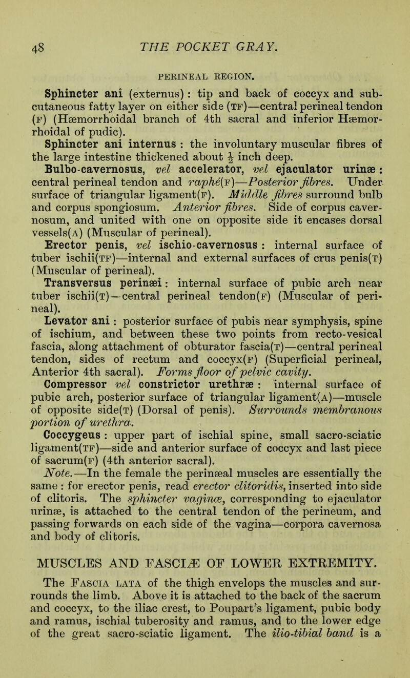 PERINEAL REGION. Sphincter ani (externus) : tip and back of coccyx and sub- cutaneous fatty layer on either side (tf)—central perineal tendon (f) (Hsemorrhoidal branch of 4th sacral and inferior Haemor- rhoidal of pudic). Sphincter ani internus ; the involuntary muscular fibres of the large intestine thickened about J inch deep. Bulbo-cavernosus, vel accelerator, vel ejaculator urinae; central perineal tendon and raphe{F)—Posterior fibres. Under surface of triangular ligament(F). Middle fibres surround bulb and corpus spongiosum. Anterior fibres. Side of corpus caver- nosum, and united with one on opposite side it encases dorsal vessels(A) (Muscular of perineal). Erector penis, vel ischio-cavernosus : internal surface of tuber ischii(TF)—internal and external surfaces of crus penis(T) (Muscular of perineal). Transversus perinsei: internal surface of pubic arch near tuber ischii(T) —central perineal tendon(F) (Muscular of peri- neal). Levator ani : posterior surface of pubis near symphysis, spine of ischium, and between these two points from recto-vesical fascia, along attachment of obturator fascia(T)—central perineal tendon, sides of rectum and coccyx(F) (Superficial perineal. Anterior 4th sacral). Forms floor of pelvic cavity. Compressor vel constrictor urethrae : internal surface of pubic arch, posterior surface of triangular ligament(A)—muscle of opposite side(T) (Dorsal of penis). Surrounds membranous portion of urethra.. Coccygeus : upper part of ischial spine, small sacro-sciatic ligament(TP)—side and anterior surface of coccyx and last piece of sacrum(F) (4th anterior sacral). Note.—In the female the perinseal muscles are essentially the same : for erector penis, read erector clitoridis, inserted into side of clitoris. The sphincter varjince, corresponding to ejaculator urinae, is attached to the central tendon of the perineum, and passing forwards on each side of the vagina—corpora cavernosa and body of clitoris. MUSCLES AND FASCIA OF LOWER EXTREMITY. The Fascia lata of the thigh envelops the muscles and sur- rounds the limb. Above it is attached to the back of the sacrum and coccyx, to the iliac crest, to Poupart's ligament, pubic body and ramus, ischial tuberosity and ramus, and to the lower edge of the great sacro-sciatic ligament. The ilio-tibial band is a
