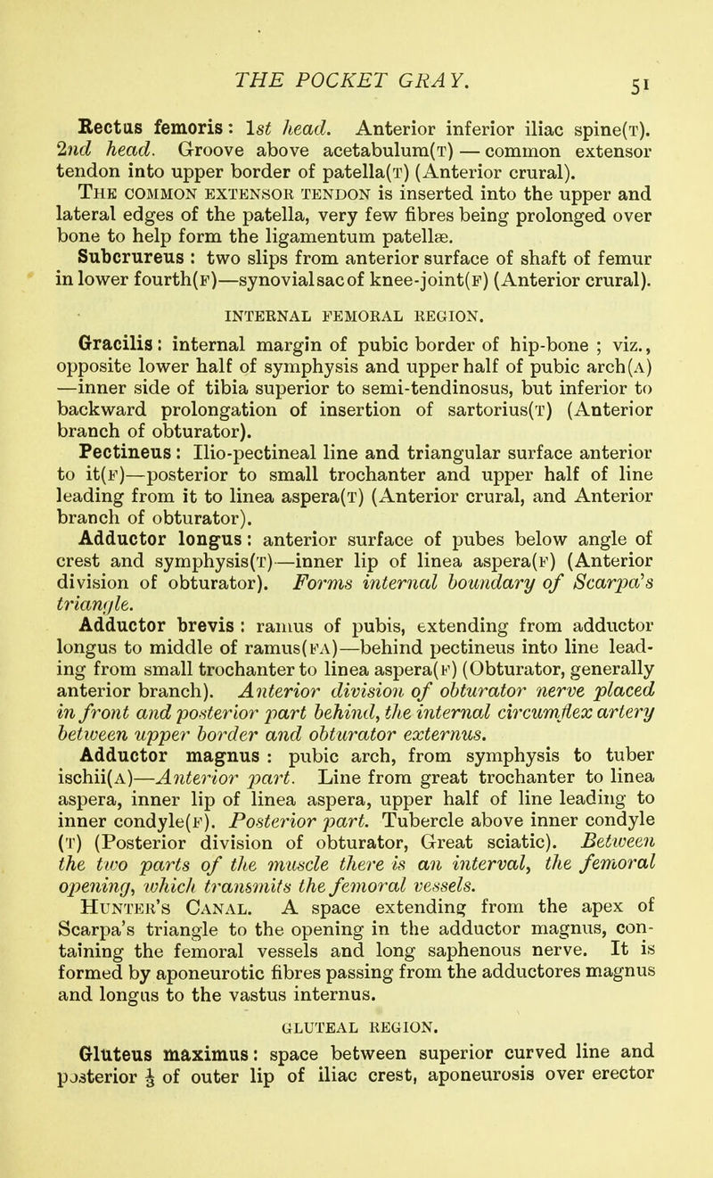 Rectus femoris: 1st head. Anterior inferior iliac spine(T). 2nc? head. Grroove above acetabulum(T) — common extensor tendon into upper border of patella(T) (Anterior crural). The common extensor tendon is inserted into the upper and lateral edges of the patella, very few fibres being prolonged over bone to help form the ligamentum patellae. Subcrureus : two slips from anterior surface of shaft of femur in lower fourth(F)—synovial sac of knee-joint(F) (Anterior crural). INTERNAL FEMORAL REGION. Gracilis: internal margin of pubic border of hip-bone ; viz., opposite lower half of symphysis and upper half of pubic arch (a) —inner side of tibia superior to semi-tendinosus, but inferior to backward prolongation of insertion of sartorius(T) (Anterior branch of obturator). Pectineus : Ilio-pectineal line and triangular surface anterior to it(F)—posterior to small trochanter and upper half of line leading from it to linea aspera(T) (Anterior crural, and Anterior branch of obturator). Adductor longus: anterior surface of pubes below angle of crest and symphysis(T)—inner lip of linea aspera(F) (Anterior division of obturator). Forms internal bomidary of Scarpa's triangle. Adductor brevis : ramus of pubis, extending from adductor longus to middle of ramus (fa)—behind pectineus into line lead- ing from small trochanter to linea aspera(F) (Obturator, generally anterior branch). Anterior division of obturator nerve placed in front and posterior part behind^ the internal circumflex artery between upper border and obturator externus. Adductor magnus : pubic arch, from symphysis to tuber ischii(A)—Anterior part. Line from great trochanter to linea aspera, inner lip of linea aspera, upper half of line leading to inner condyle(F). Posterior part. Tubercle above inner condyle (t) (Posterior division of obturator. Great sciatic). Betiveen the two parts of the muscle there Is an interval^ the femoral opening^ lohich t7^ansmits the femoral vessels. Hunter's Canal. A space extending from the apex of Scarpa's triangle to the opening in the adductor magnus, con- taining the femoral vessels and long saphenous nerve. It is formed by aponeurotic fibres passing from the adductores magnus and longus to the vastus internus. gluteal region. Gluteus maximus: space between superior curved line and posterior J of outer lip of iliac crest, aponeurosis over erector