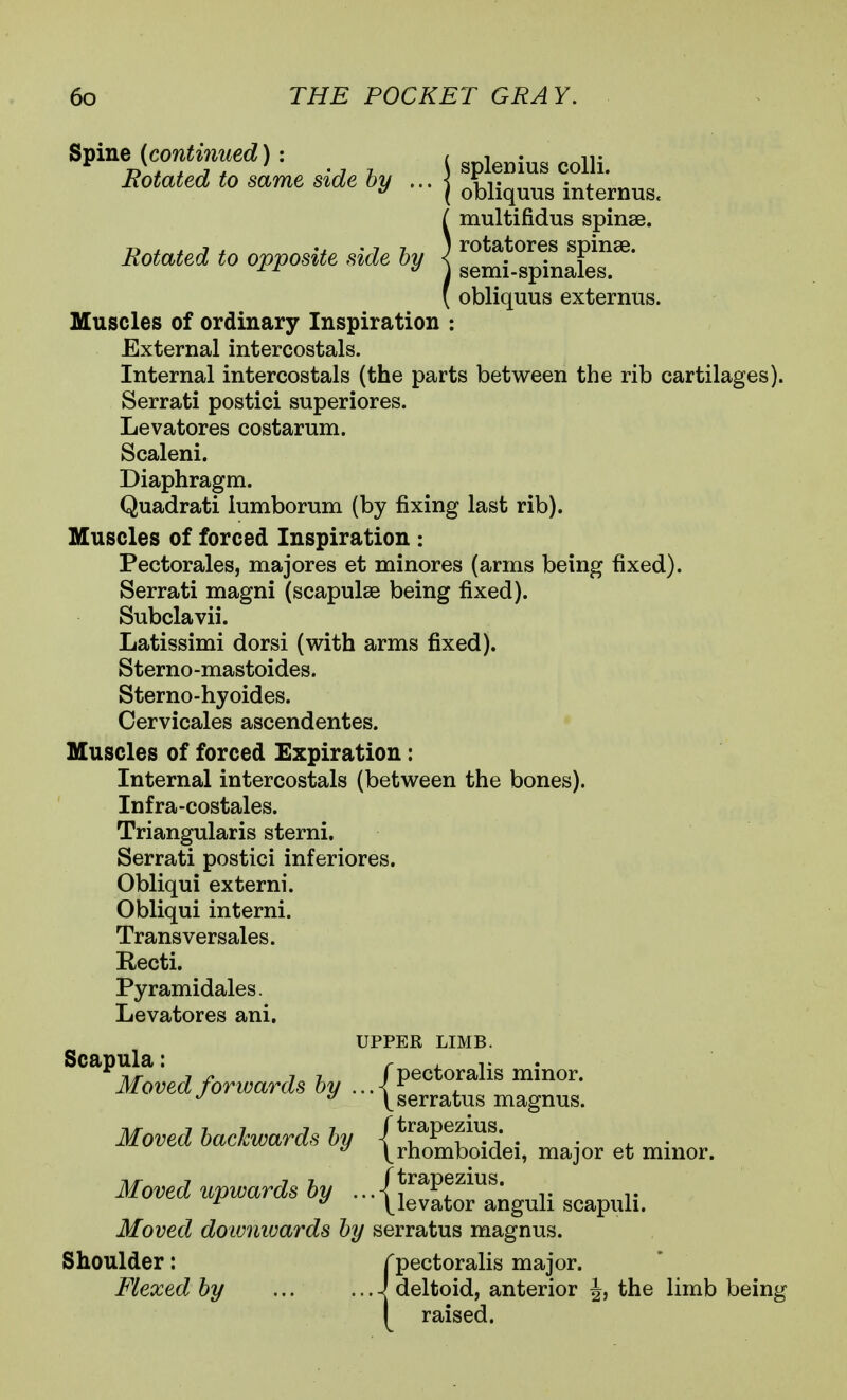 Svme (continued): ( splemus colli. mated to same side hy ^^^^^^^ ir^t^^r,^. Rotated to opposite side by | semflpTnaL*' multifidus spinse. rotatores spinse. semi-spinales. obliquus externus. Muscles of ordinary Inspiration ; External intercostals. Internal intercostals (the parts between the rib cartilages). Serrati postici superiores. Levatores costarum. Scaleni. Diaphragm. Quadrati lumborum (by fixing last rib). Muscles of forced Inspiration : Pectorales, majores et minores (arms being fixed). Serrati magni (scapulae being fixed). Subclavii. Latissimi dorsi (with arms fixed). Sterno-mastoides. Sterno-hyoides. Cervicales ascendentes. Muscles of forced Expiration: Internal intercostals (between the bones). Infra-costales. Triangularis sterni. Serrati postici inferiores. Obliqui externi. Obliqui interni. Trans versales. Recti. Pyramidales. Levatores ani. UPPER LIMB. Scapula. fpectoralis minor. Moved forwards by ..A^ , ^ \^serratus magnus. Moved backwards by i^P^^P^^' . • ^ • ^ \^rhomboidei, major et minor. Moved upwards by J^^^V^^^'^^- ^ ^ levator anguli scapuli. Moved doivnioards by serratus magnus. Shoulder: Cpectoralis major. Flexed by J deltoid, anterior J, the limb being y raised.